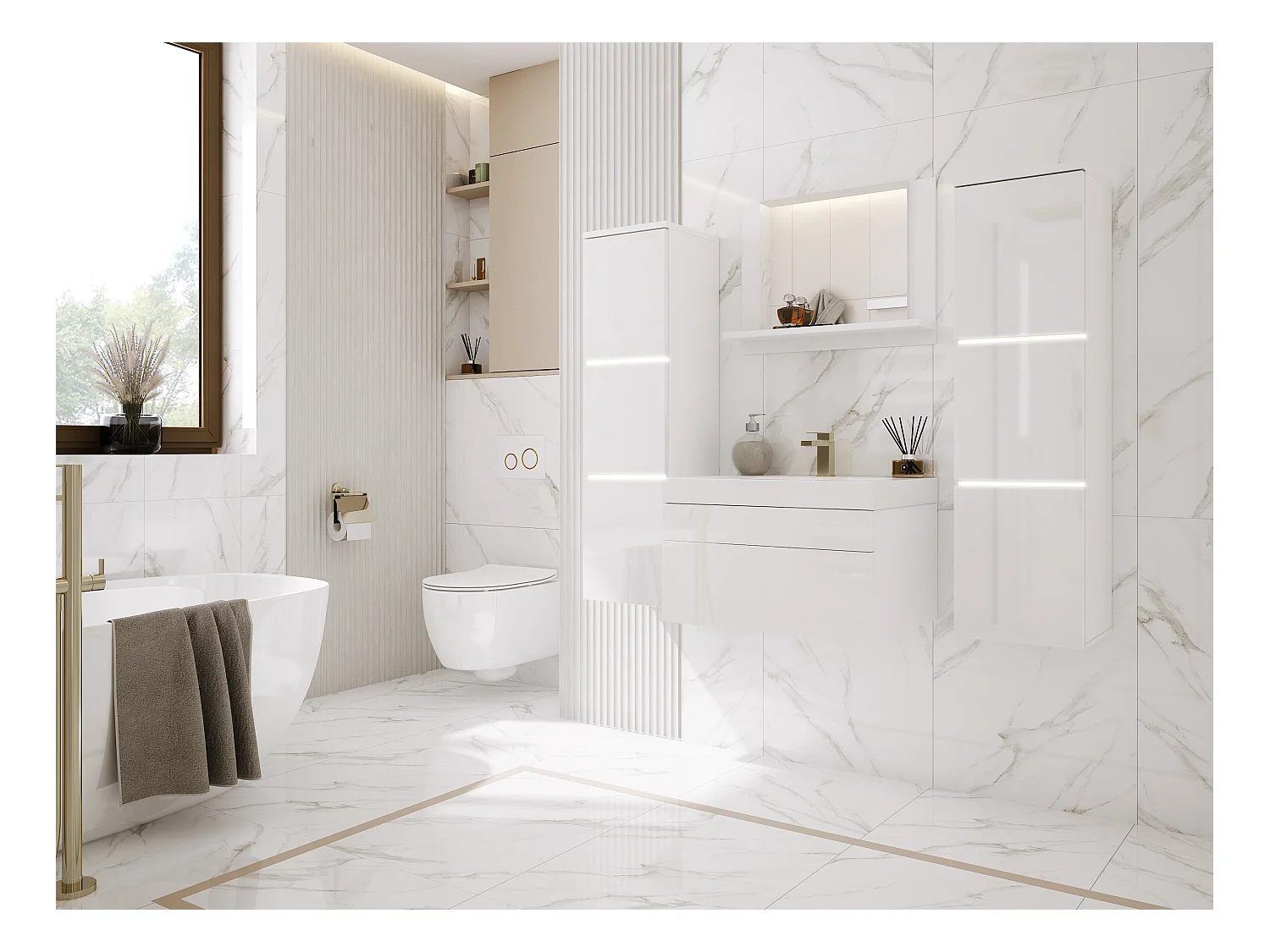 Conjunto de móveis de banheiro, Branco Mate, Branco Brilhante, 120 x 110 cm