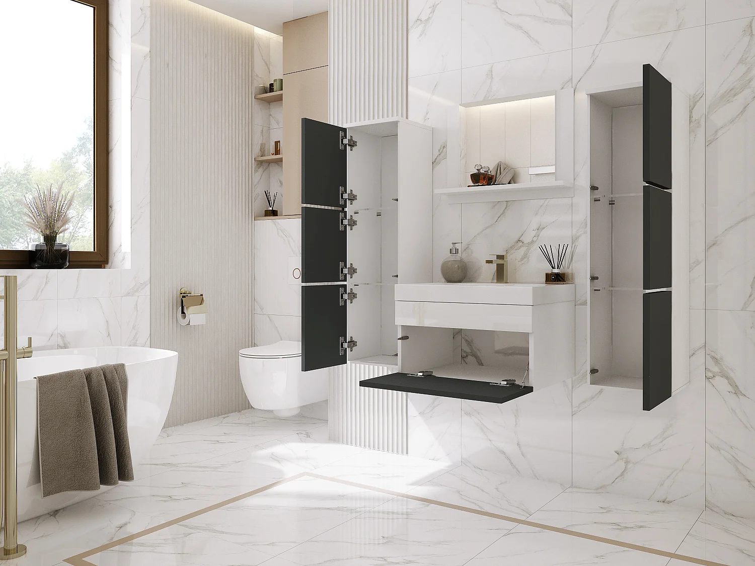 Set mobili da bagno, Bianco Opaco, Bianco Lucido, 120 x 110 cm