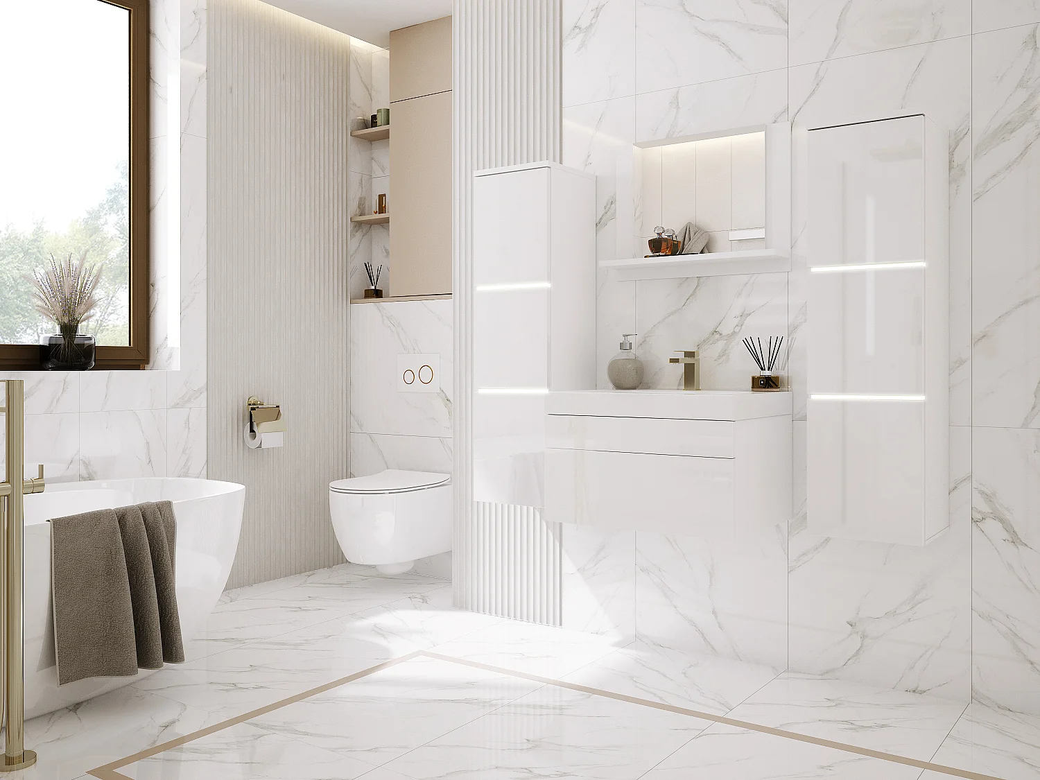 Ensemble meuble salle de bain, Blanc Mat, Blanc Brillant, 120 x 110 cm