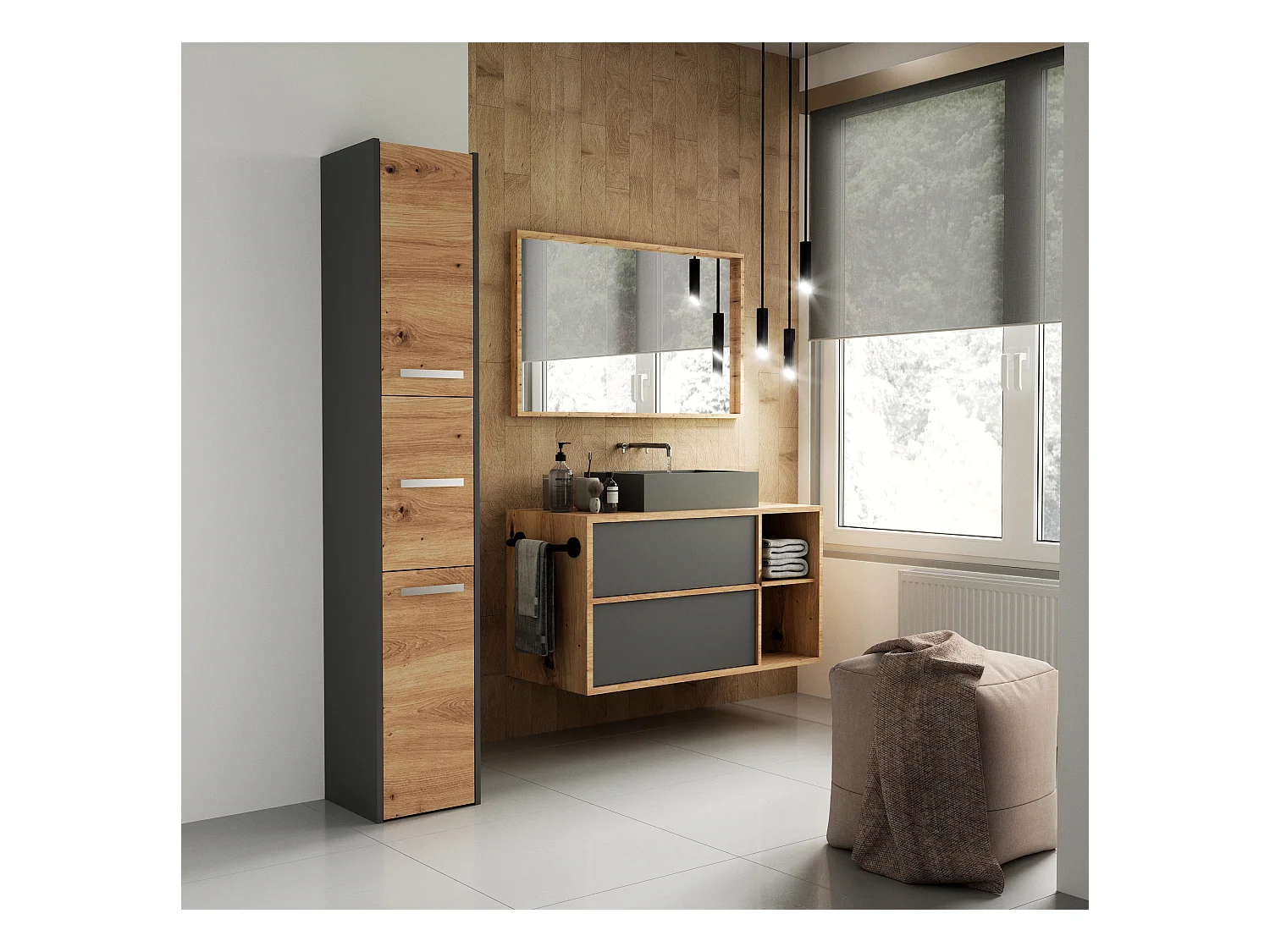 Szafka łazienkowa, Antracyt / Dąb Artisan, 170 x 30 x 30 cm