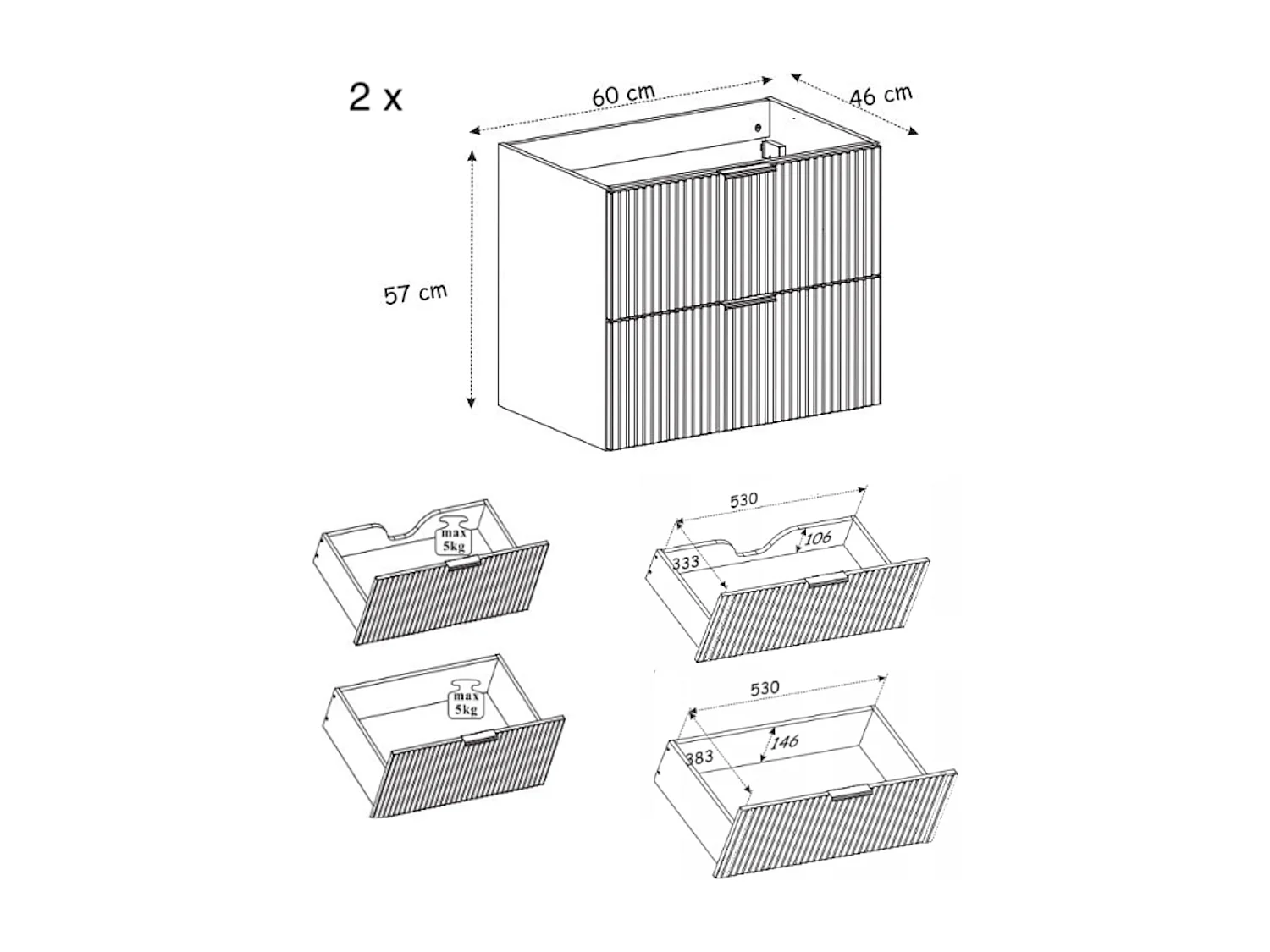 Meuble vasque, Chêne Craft, 120 (2 x 60) x 57 x 46 cm, poignée dorée + Plan de travail