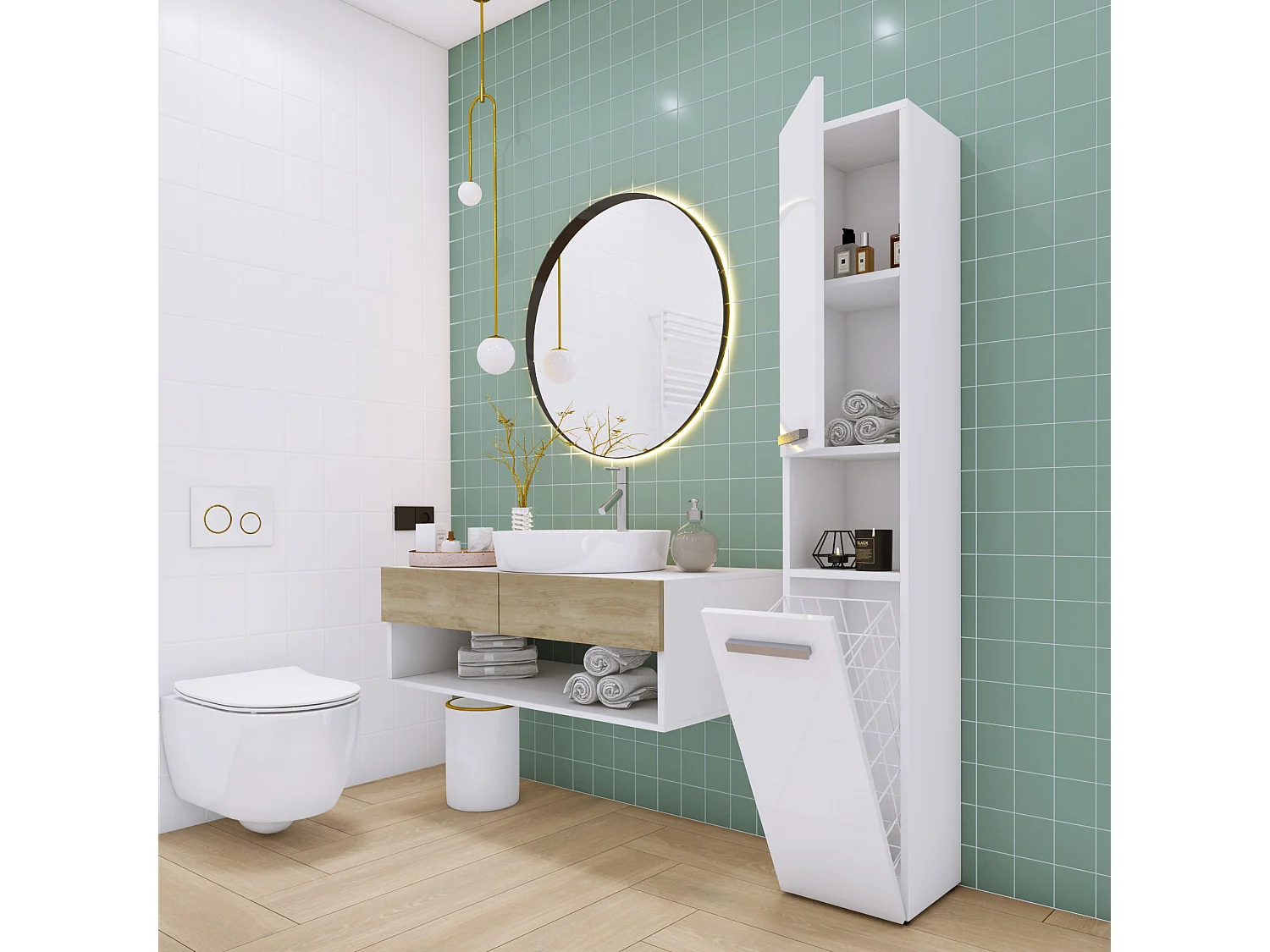 Badezimmermöbel, Mattweiß / Hochglanzweiß, 30 x 174 x 30 cm