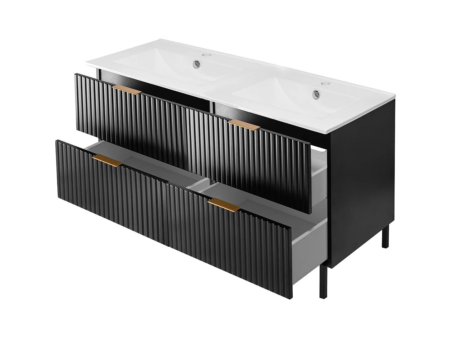 Meuble vasque, Noir, 120 (2 x 60)  x 77 x 46 cm, poignée dorée, pieds noirs, sans plateau