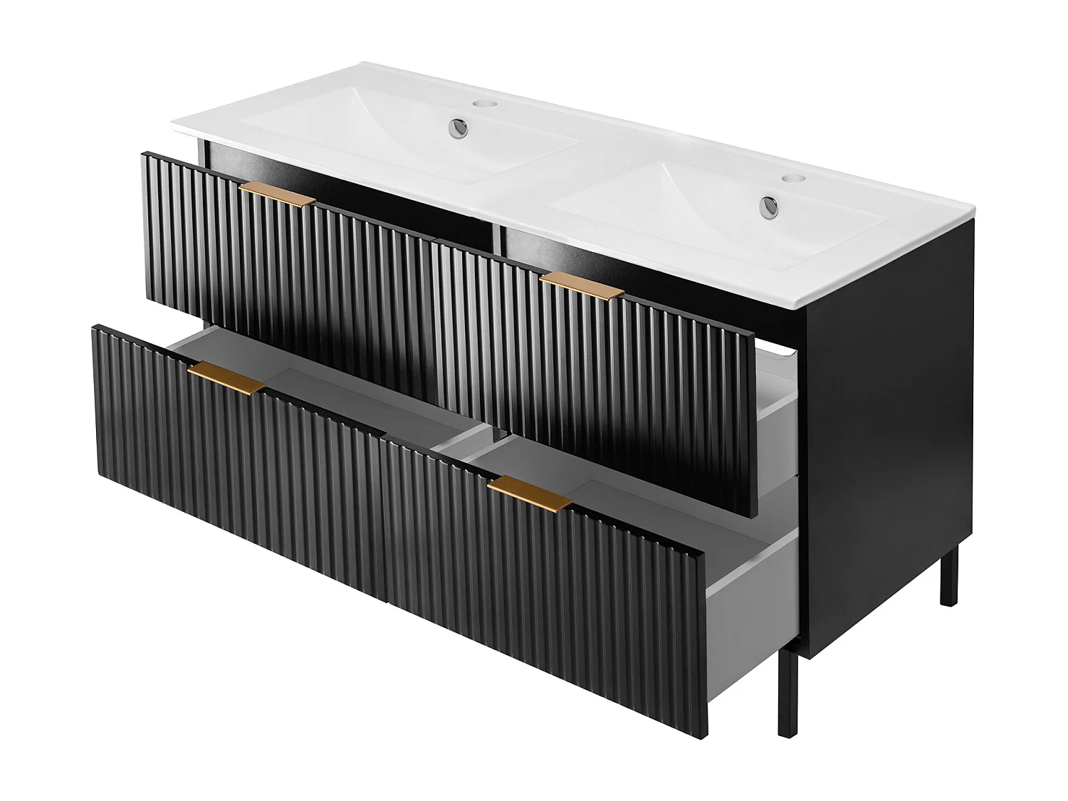 Meuble vasque, Noir, 120 (2 x 60)  x 77 x 46 cm, poignée dorée, pieds noirs, sans plateau