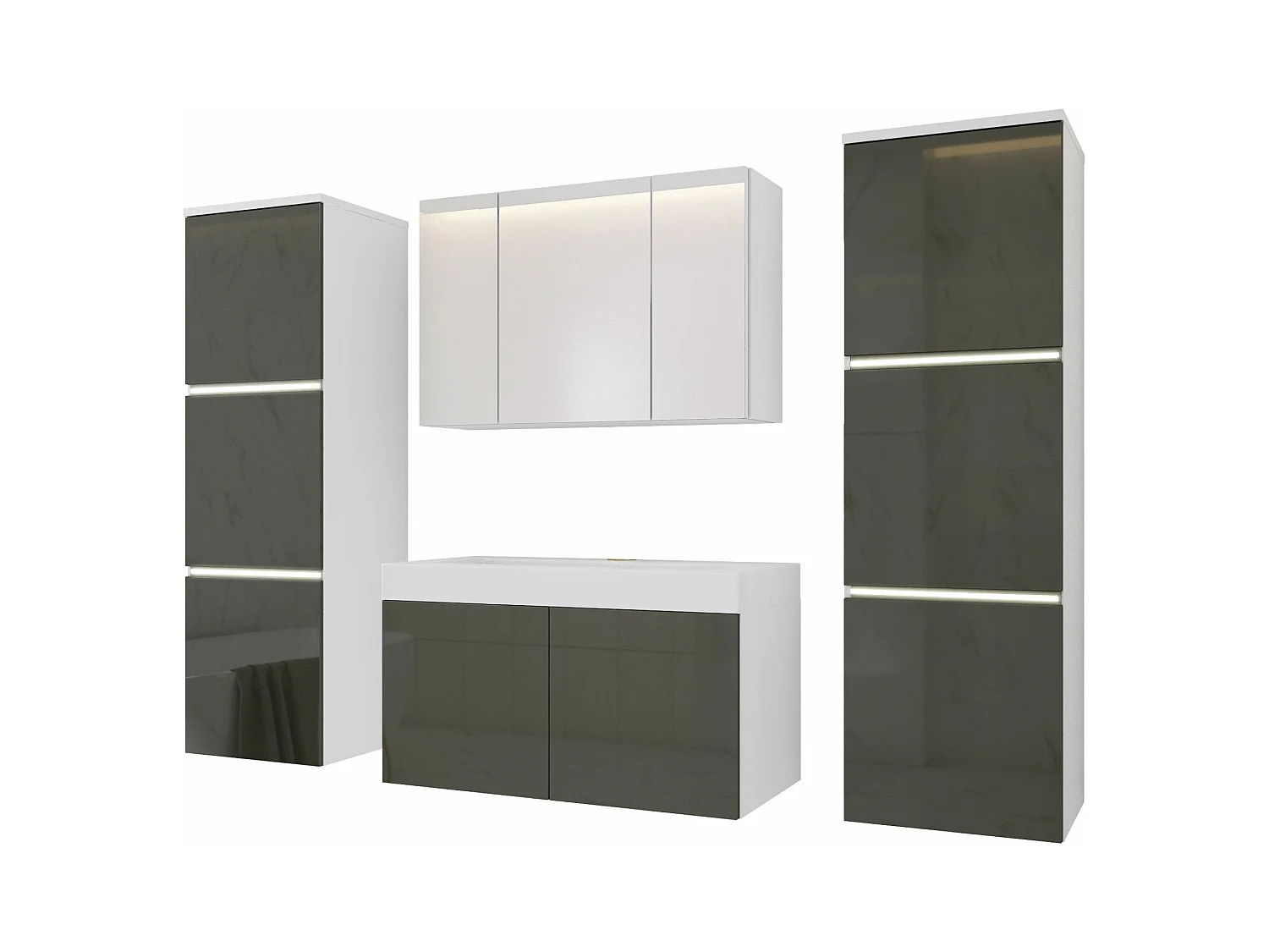 Ensemble meuble salle de bain, Blanc Mat, Gris Brillant, 160 x 130 cm