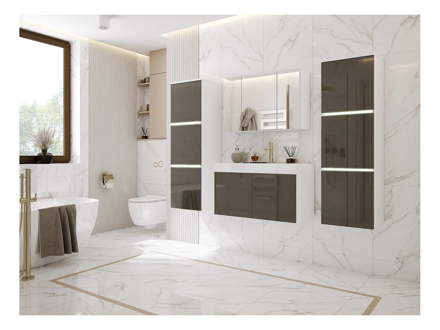 Ensemble meuble salle de bain, Blanc Mat, Gris Brillant, 160 x 130 cm