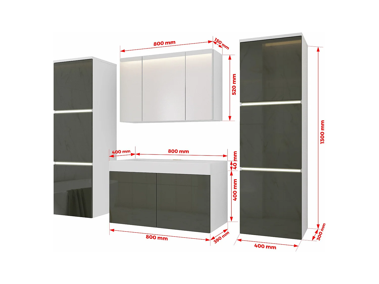 Ensemble meuble salle de bain, Blanc Mat, Gris Brillant, 160 x 130 cm