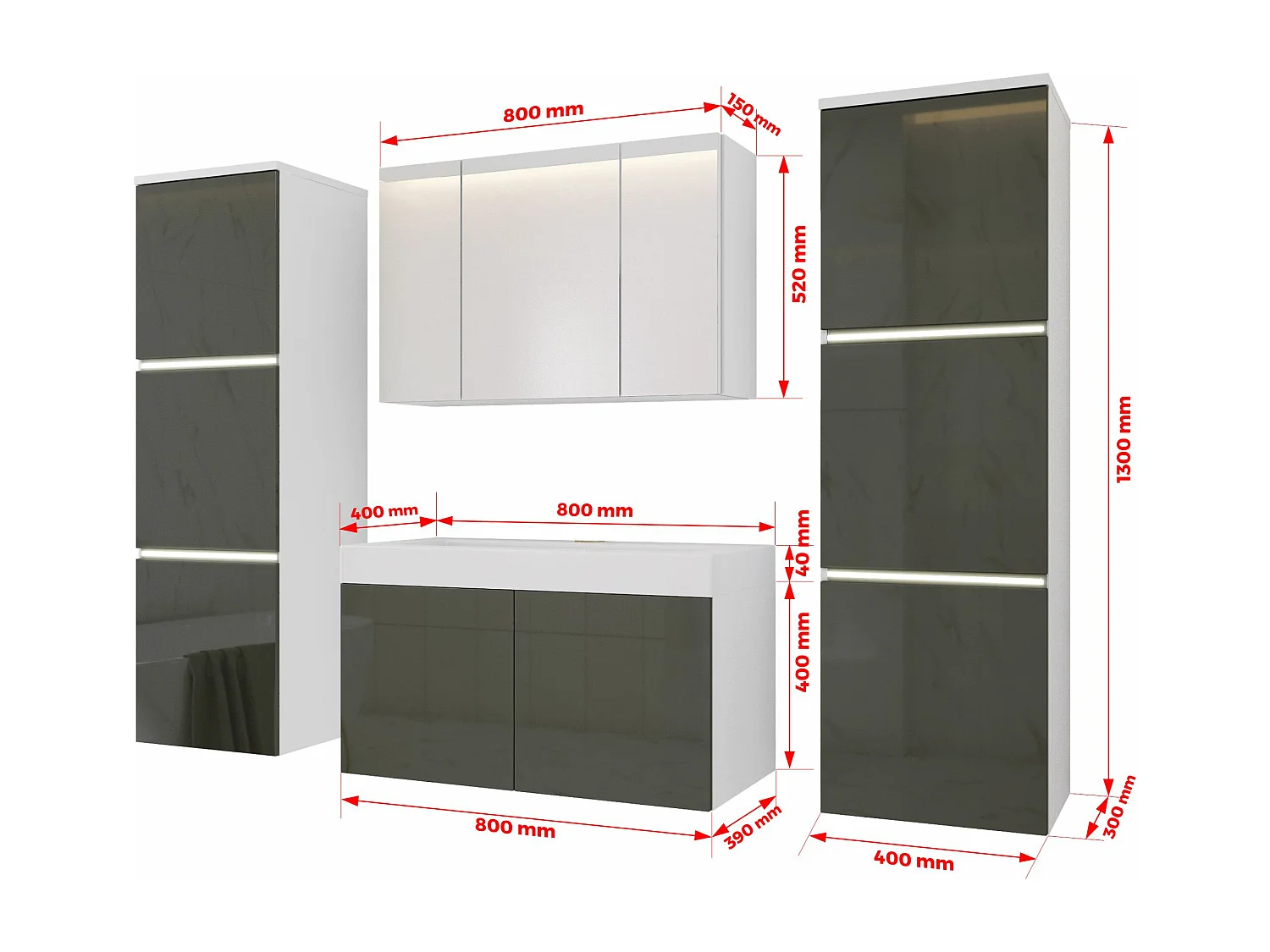 Badezimmermöbel-Set, Mattweiß, Glänzendes Grau, 160 x 130 cm