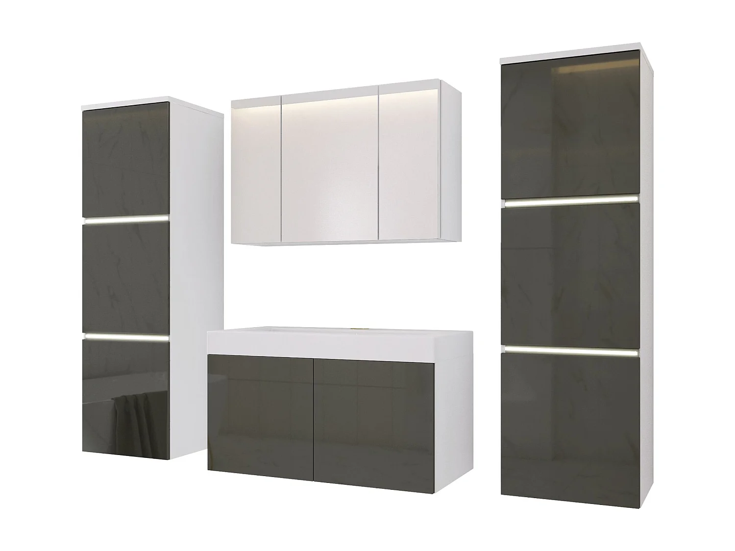 Ensemble meuble salle de bain, Blanc Mat, Gris Brillant, 160 x 130 cm