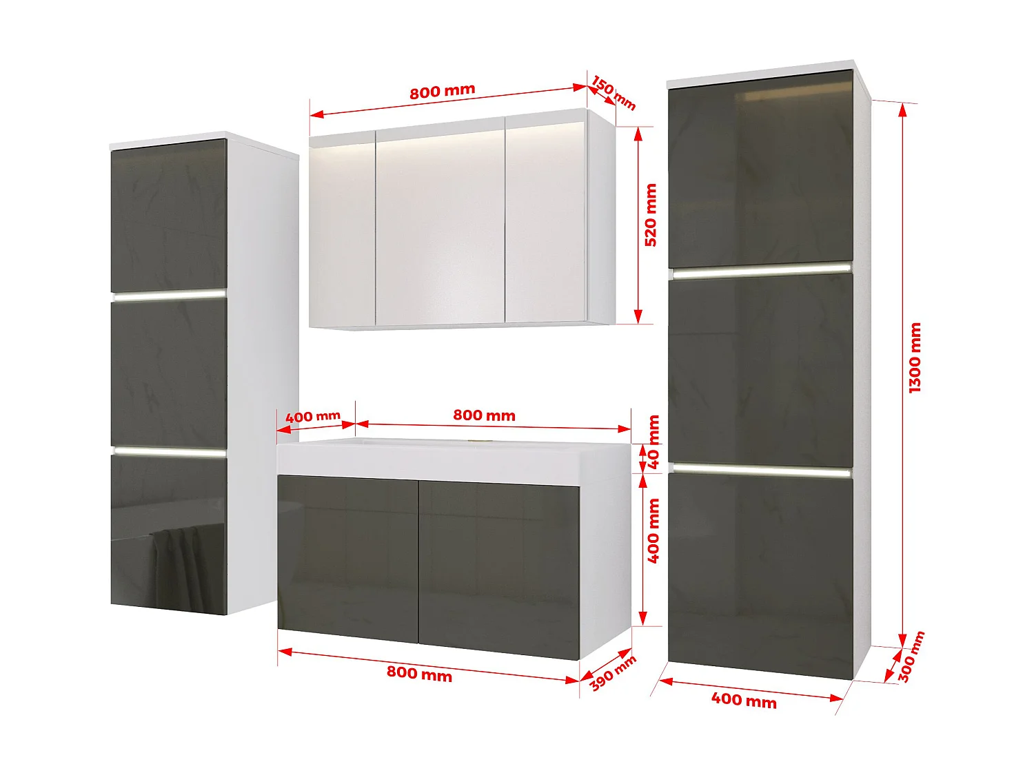 Ensemble meuble salle de bain, Blanc Mat, Gris Brillant, 160 x 130 cm