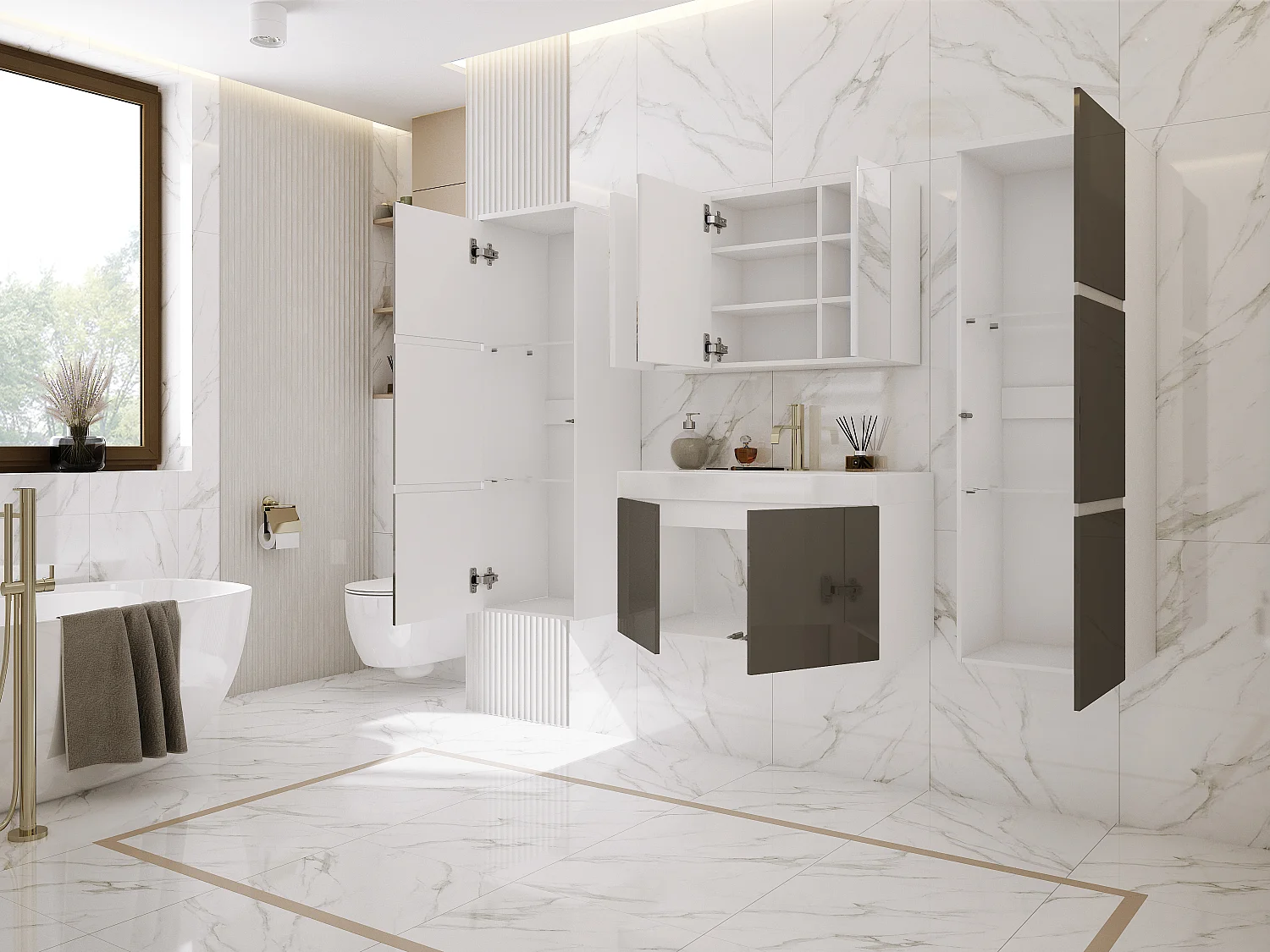 Ensemble meuble salle de bain, Blanc Mat, Gris Brillant, 160 x 130 cm