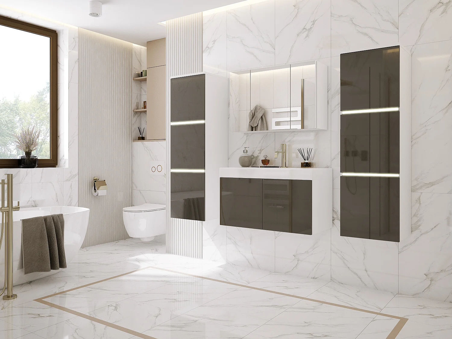 Ensemble meuble salle de bain, Blanc Mat, Gris Brillant, 160 x 130 cm