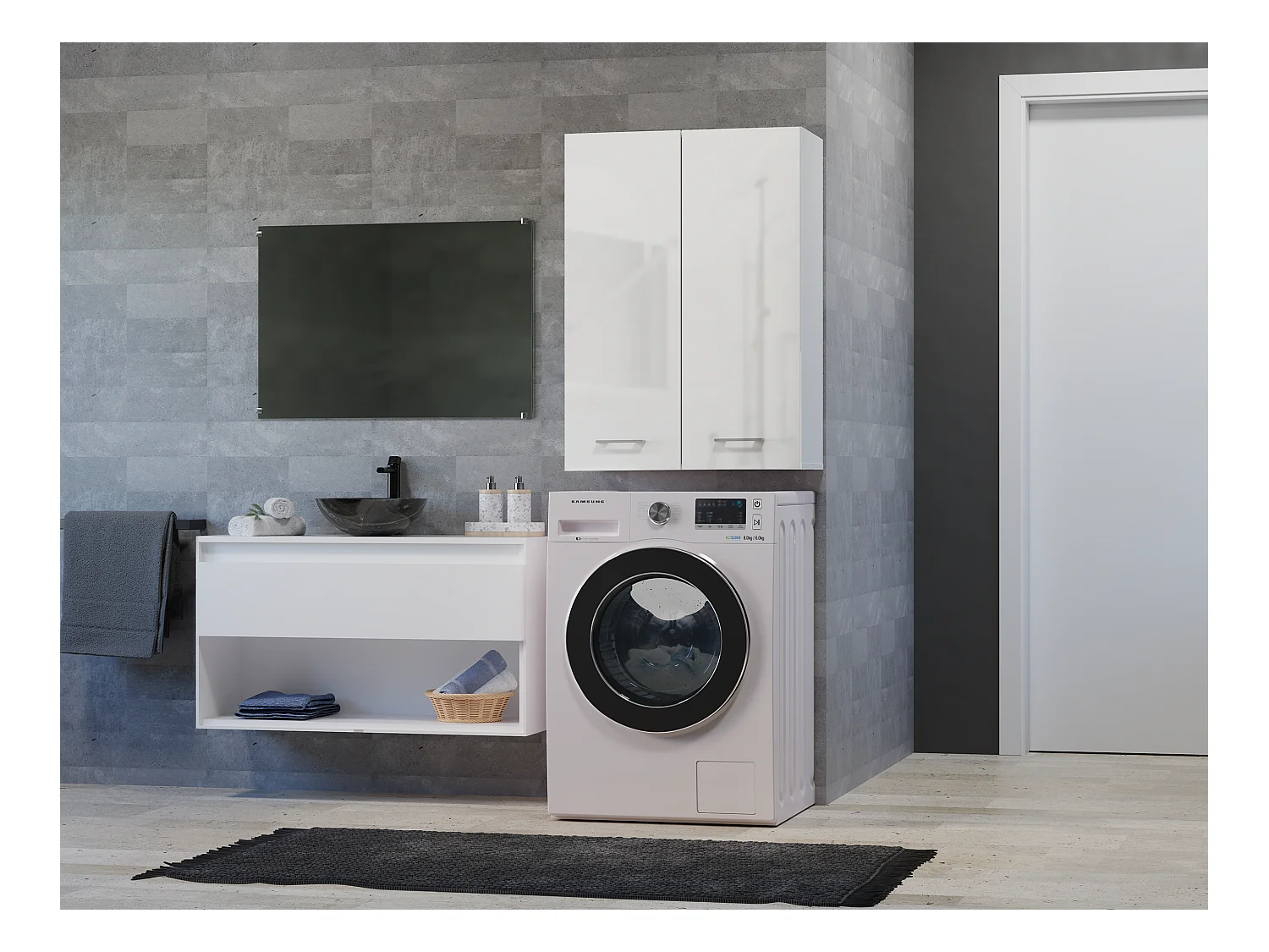 Armário para máquina de lavar, 30 x 64 x 90 cm, Branco Mate / Branco Brilhante