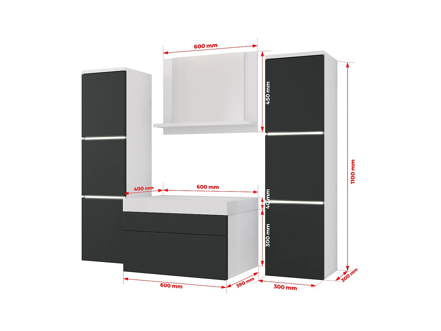 Ensemble meuble salle de bain, Blanc Mat, Antracite, 120 x 110 cm