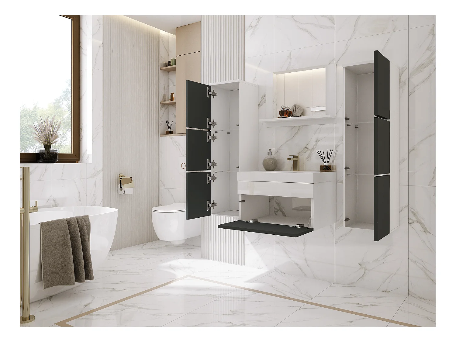 Ensemble meuble salle de bain, Blanc Mat, Antracite, 120 x 110 cm