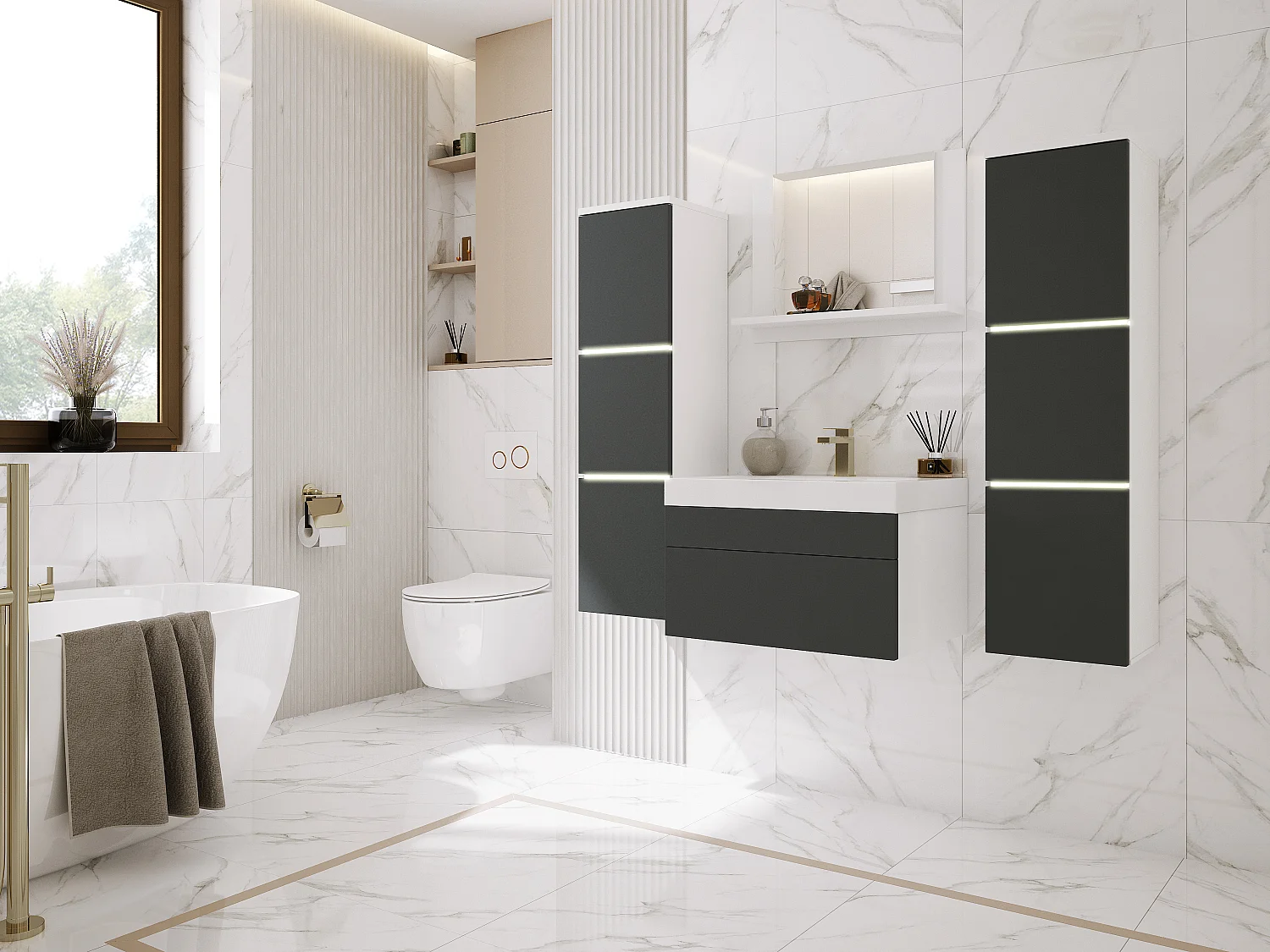 Ensemble meuble salle de bain, Blanc Mat, Antracite, 120 x 110 cm