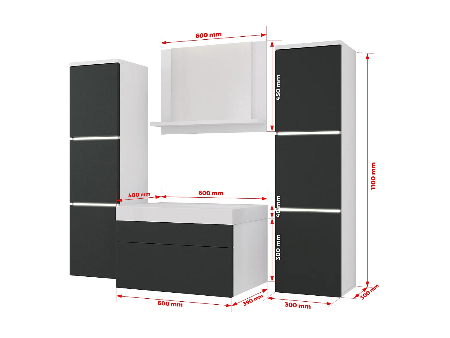 Ensemble meuble salle de bain, Blanc Mat, Antracite, 120 x 110 cm