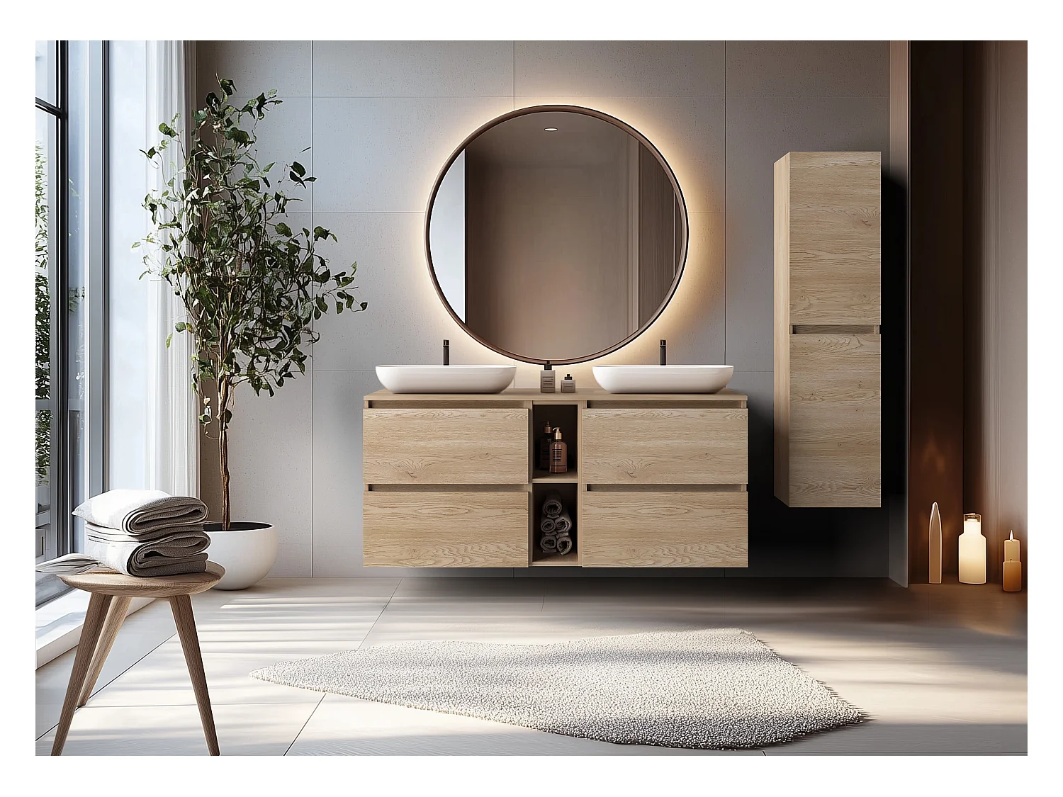 Mobile Bagno 140 cm (2 X 60+20) + TOP, Colore: Rovere Chiaro, 140 x 57 x 46 cm