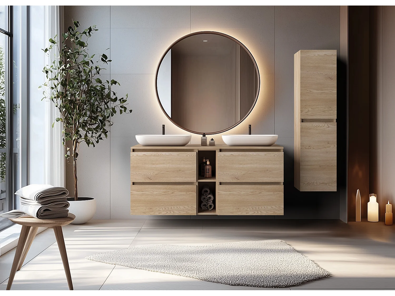 Meuble de salle de bain 140 cm (2 X 60 + 20) + TOP, Couleur : Chêne Clair, 140 x 57 x 46 cm