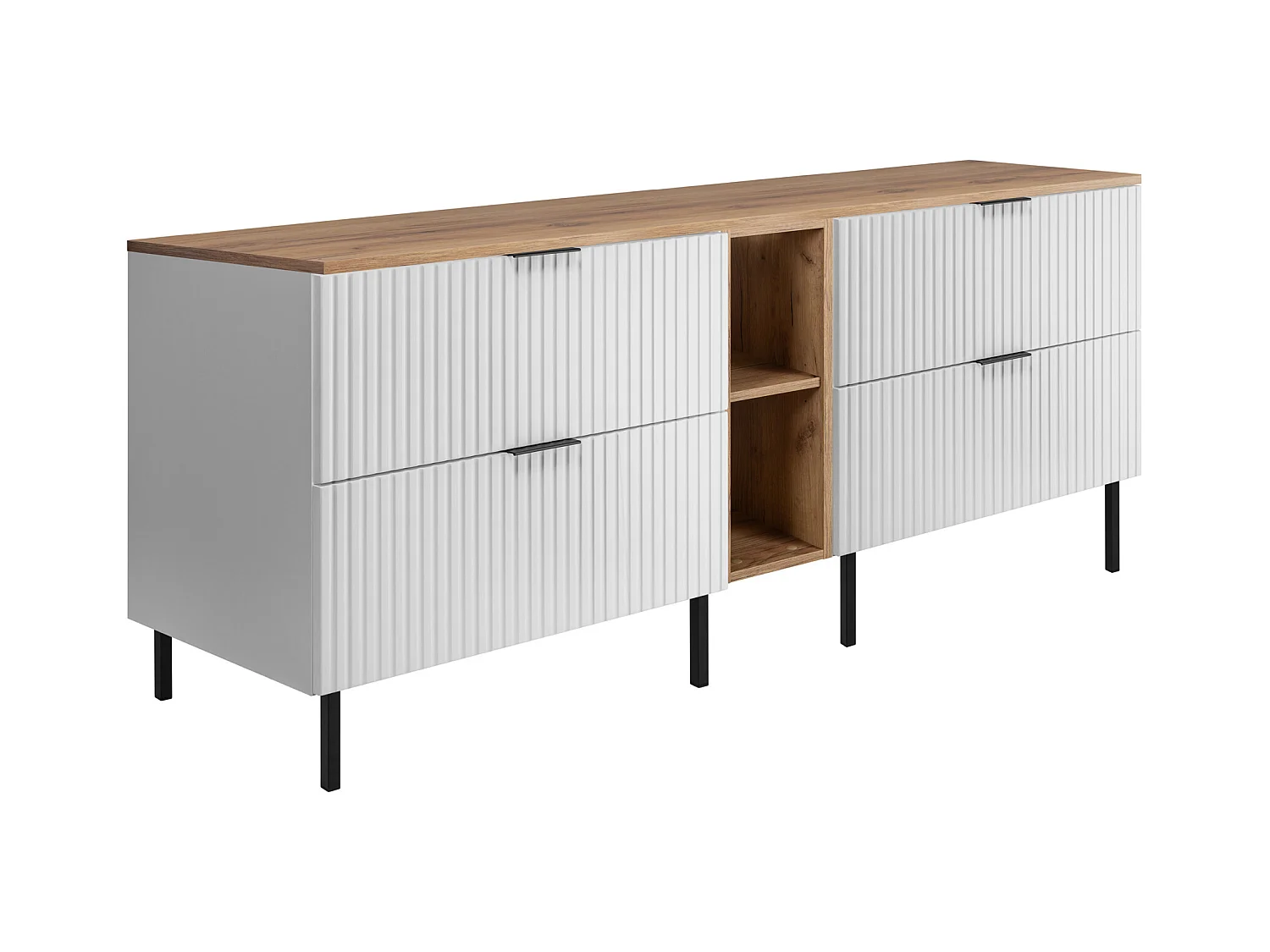 Meuble vasque, Blanc / Chêne Craft + poignée noire, 180 x 77 x 46 cm, pieds noirs + Plan de travail