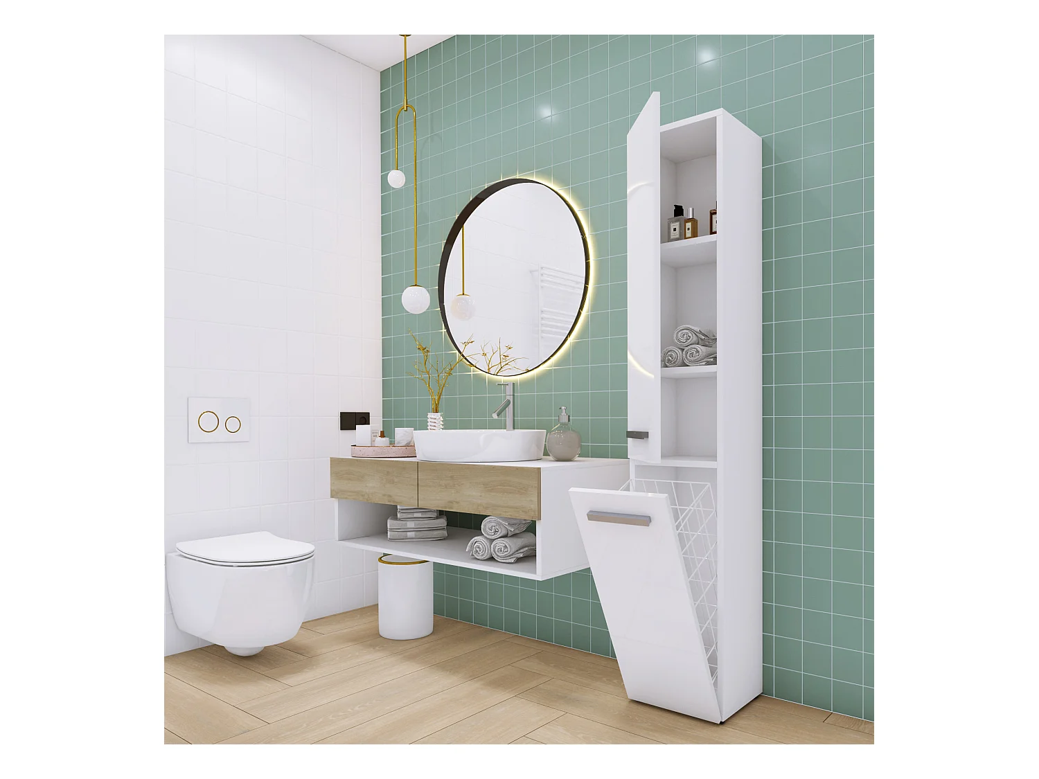 Meuble de salle de bain, Blanc Mat / Blanc Brillant, 30 x 174 x 30 cm