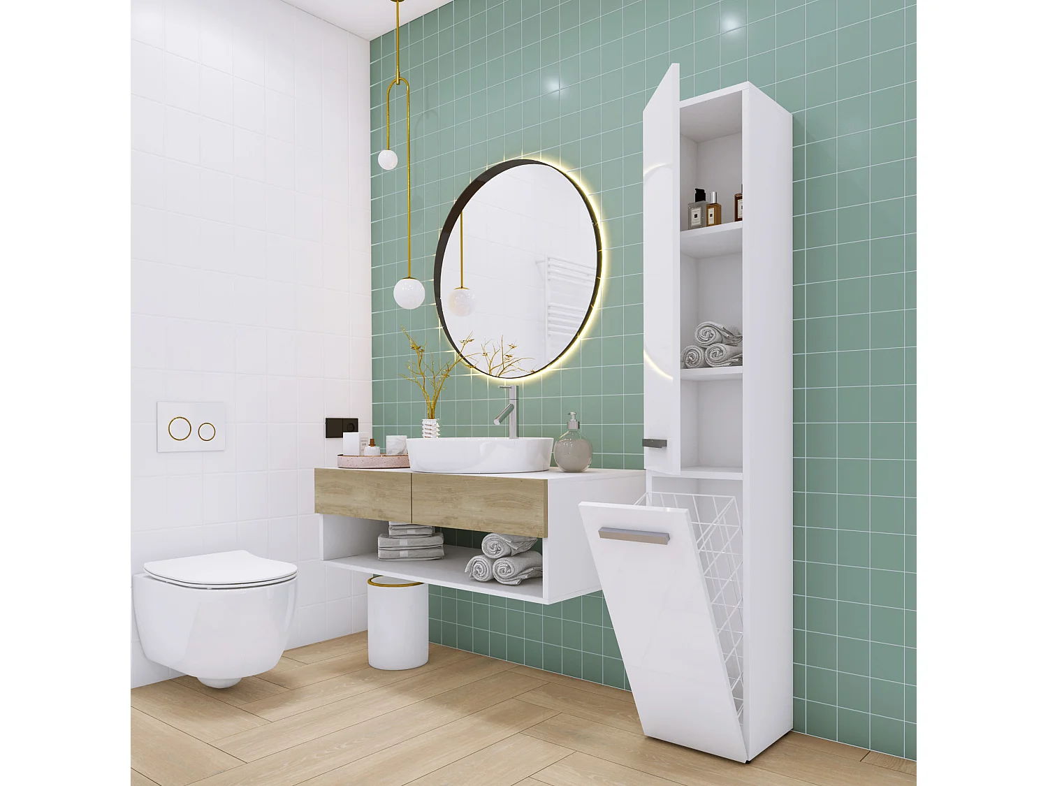 Meuble de salle de bain, Blanc Mat / Blanc Brillant, 30 x 174 x 30 cm