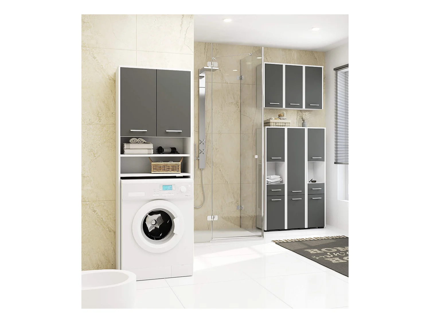 Freistehender Badezimmerschrank: 1 Tür, 2 Einlegeböden, weiß | Graphitgrau, 30 x 60 x 22,5 cm