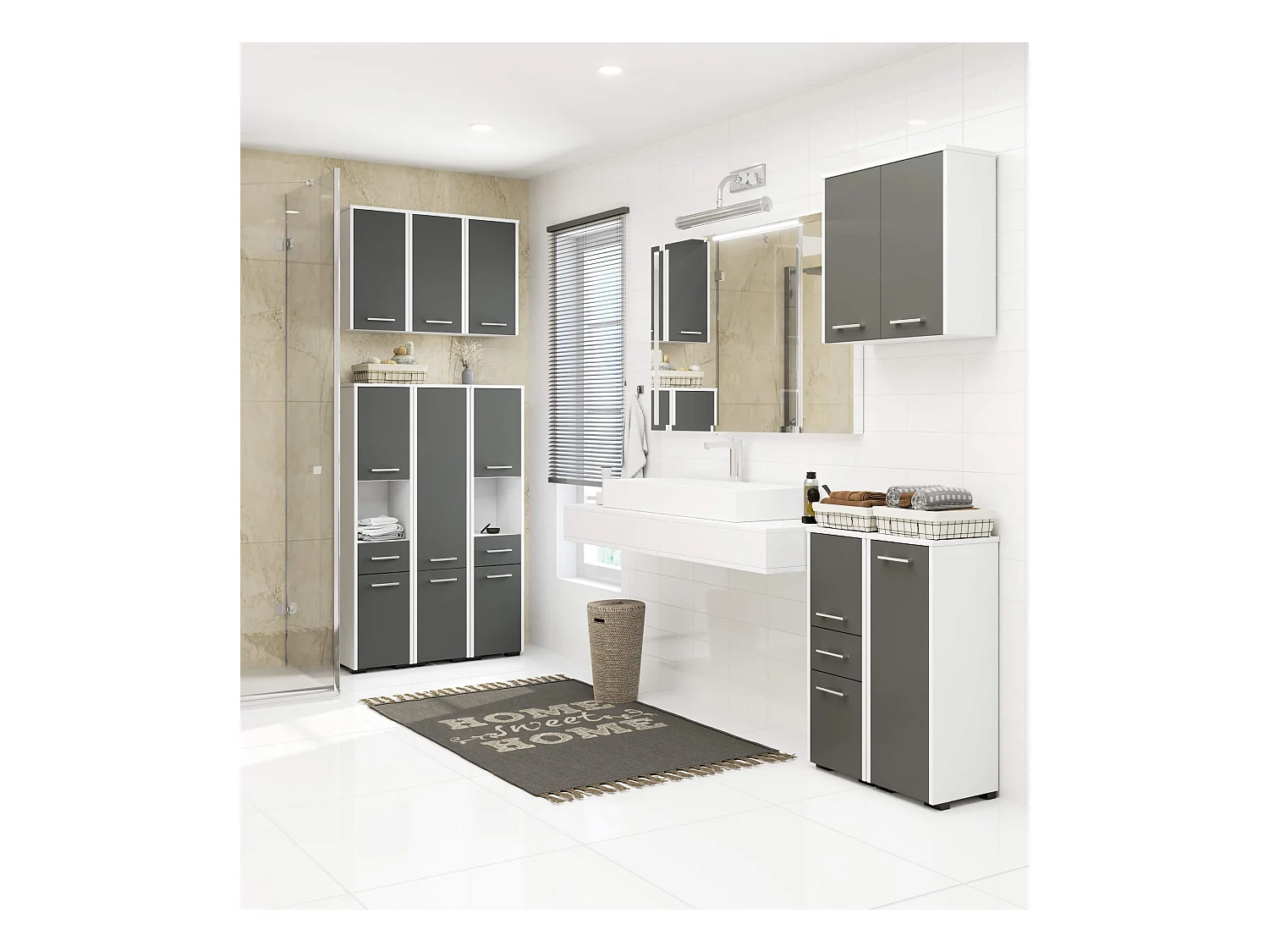 Freistehender Badezimmerschrank: 1 Tür, 2 Einlegeböden, weiß | Graphitgrau, 30 x 60 x 22,5 cm