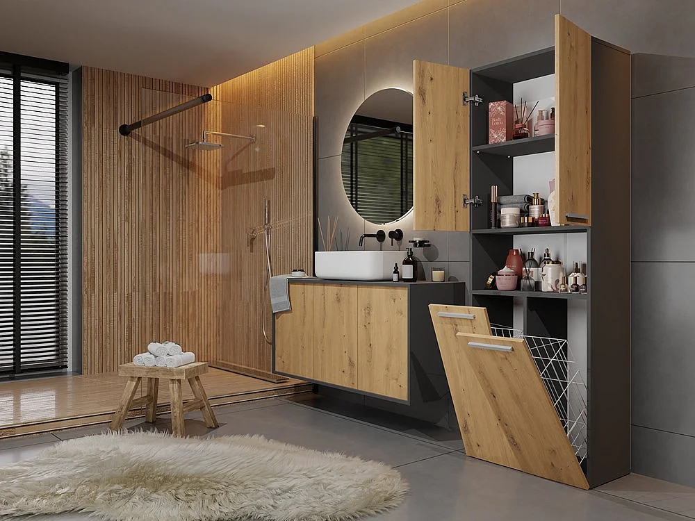 Meuble salle de bain, 174 x 30 x 60 cm, Anthracite / Chêne Artisan