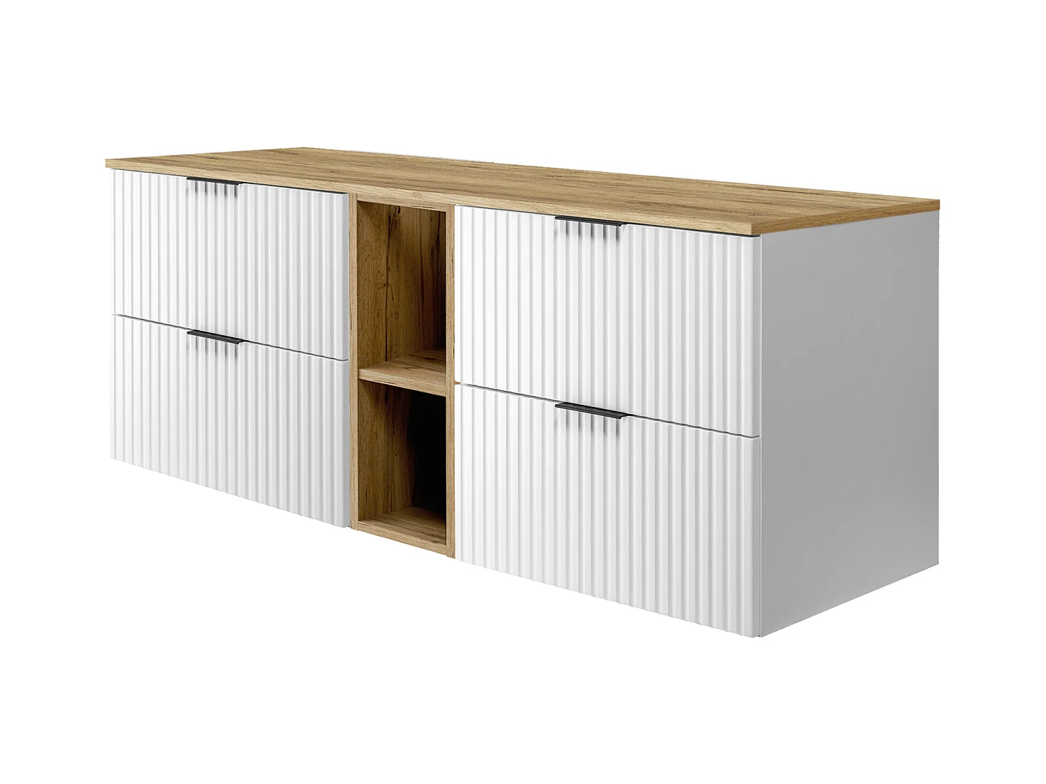 Meuble vasque, Blanc / Chêne Craft + poignée noire, 140 x 57 x 46 cm