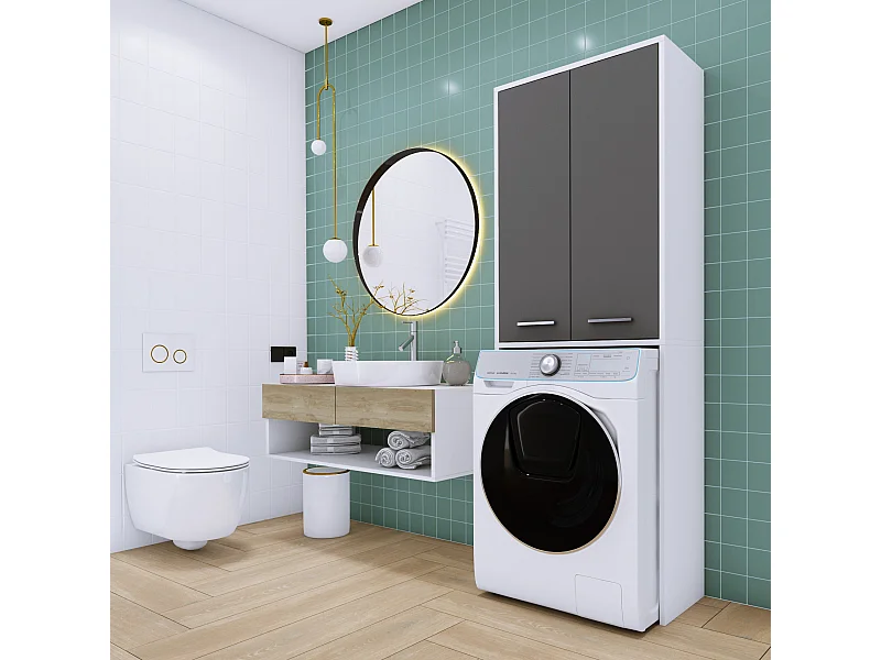 Meuble pour machine à laver, blanc mat, gris, 31 x 64 x 180 cm