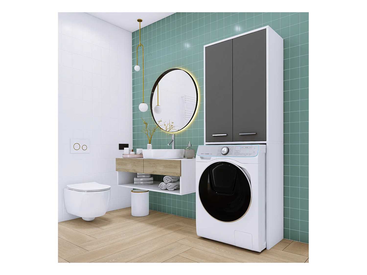 Meuble pour machine à laver, blanc mat, gris, 31 x 64 x 180 cm