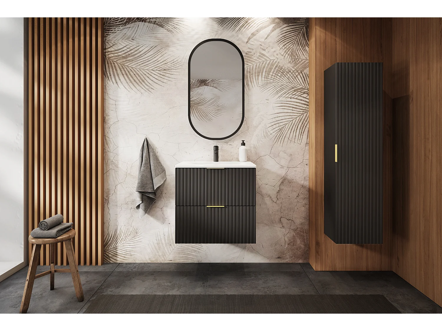 Mueble de lavabo, Negro, 60 x 57 x 46 cm, tirador dorado, sin encimera