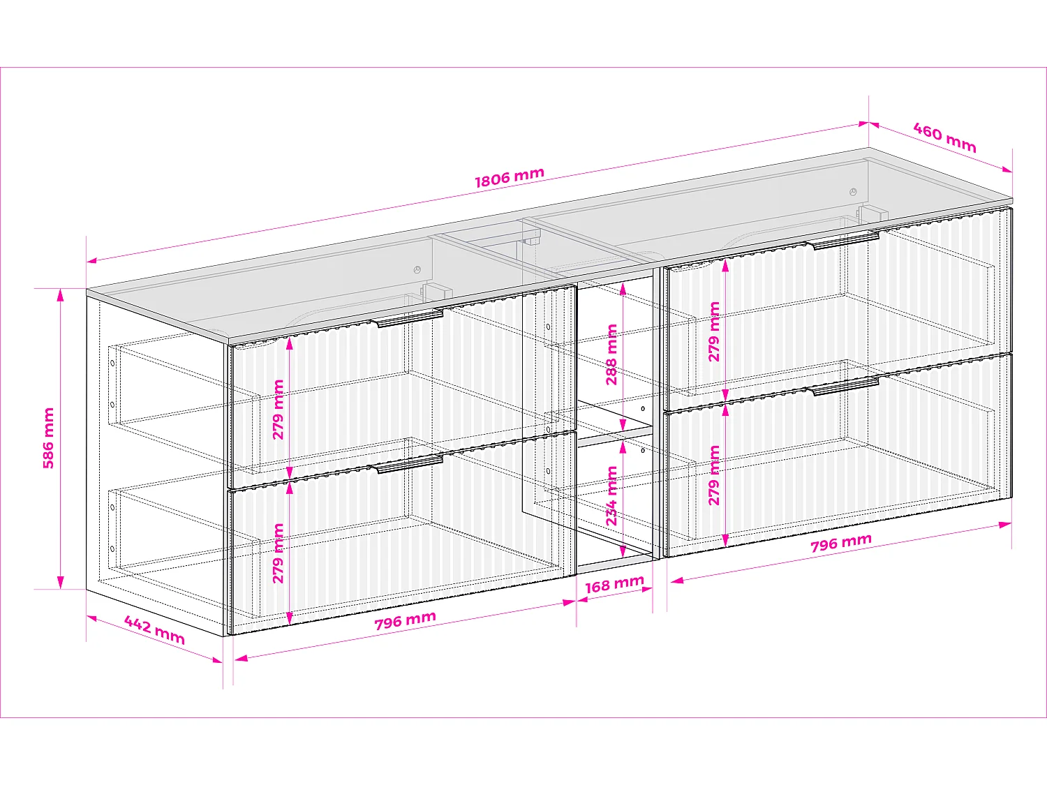 Meuble vasque, Chêne Craft / Noir + poignée noire, 180 x 77 x 46 cm, pieds noirs + Plan de travail
