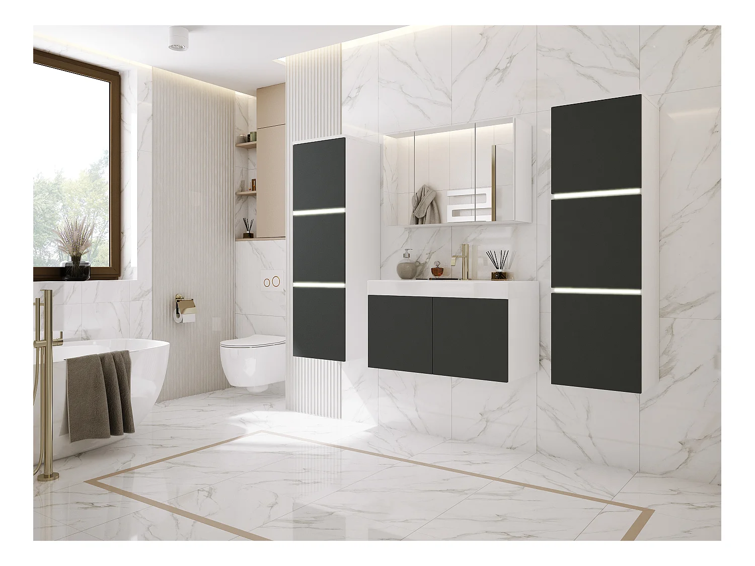 Conjunto de muebles de baño, blanco mate, antracita, 160 x 130 cm