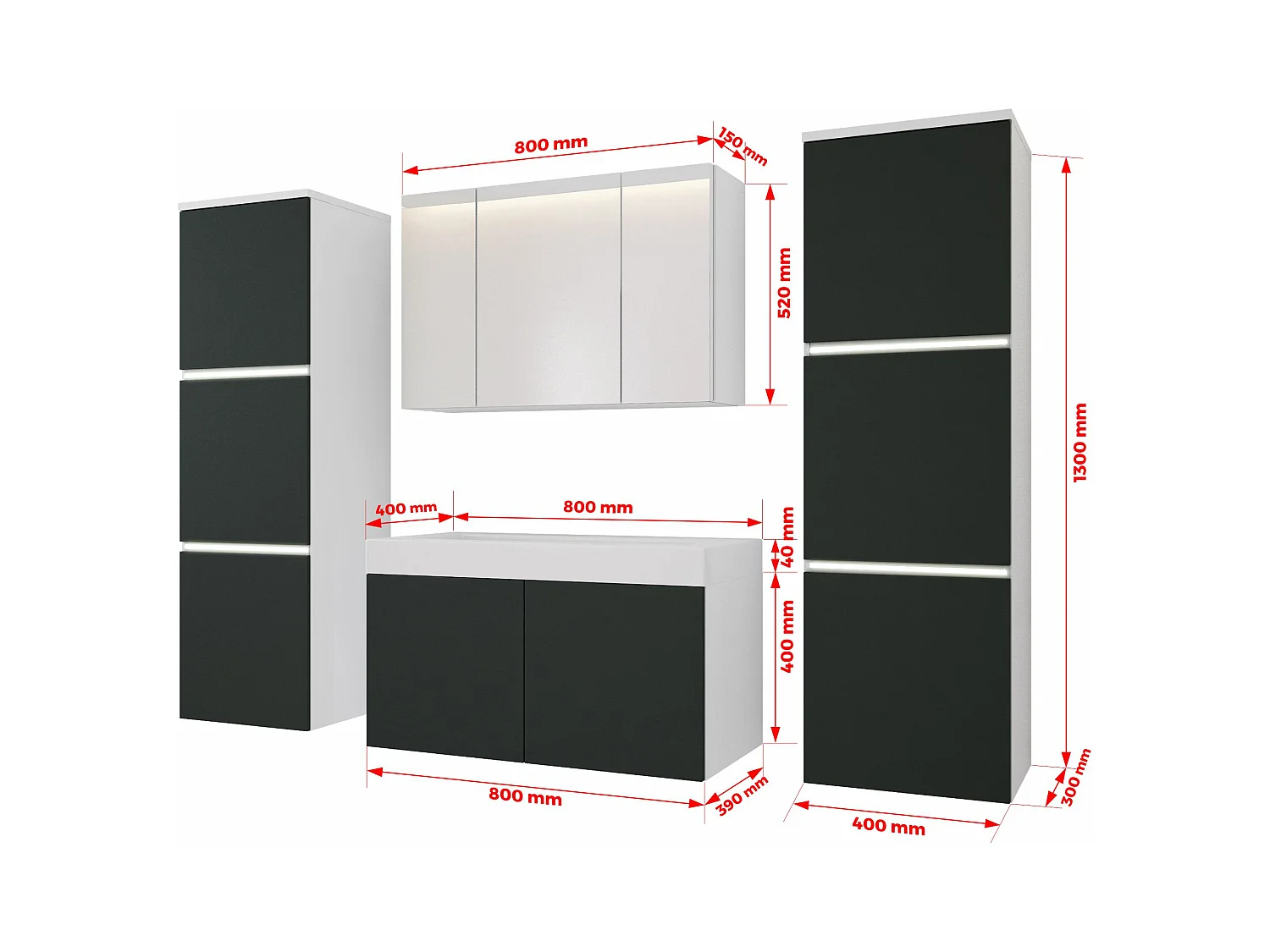 Conjunto de muebles de baño, blanco mate, antracita, 160 x 130 cm