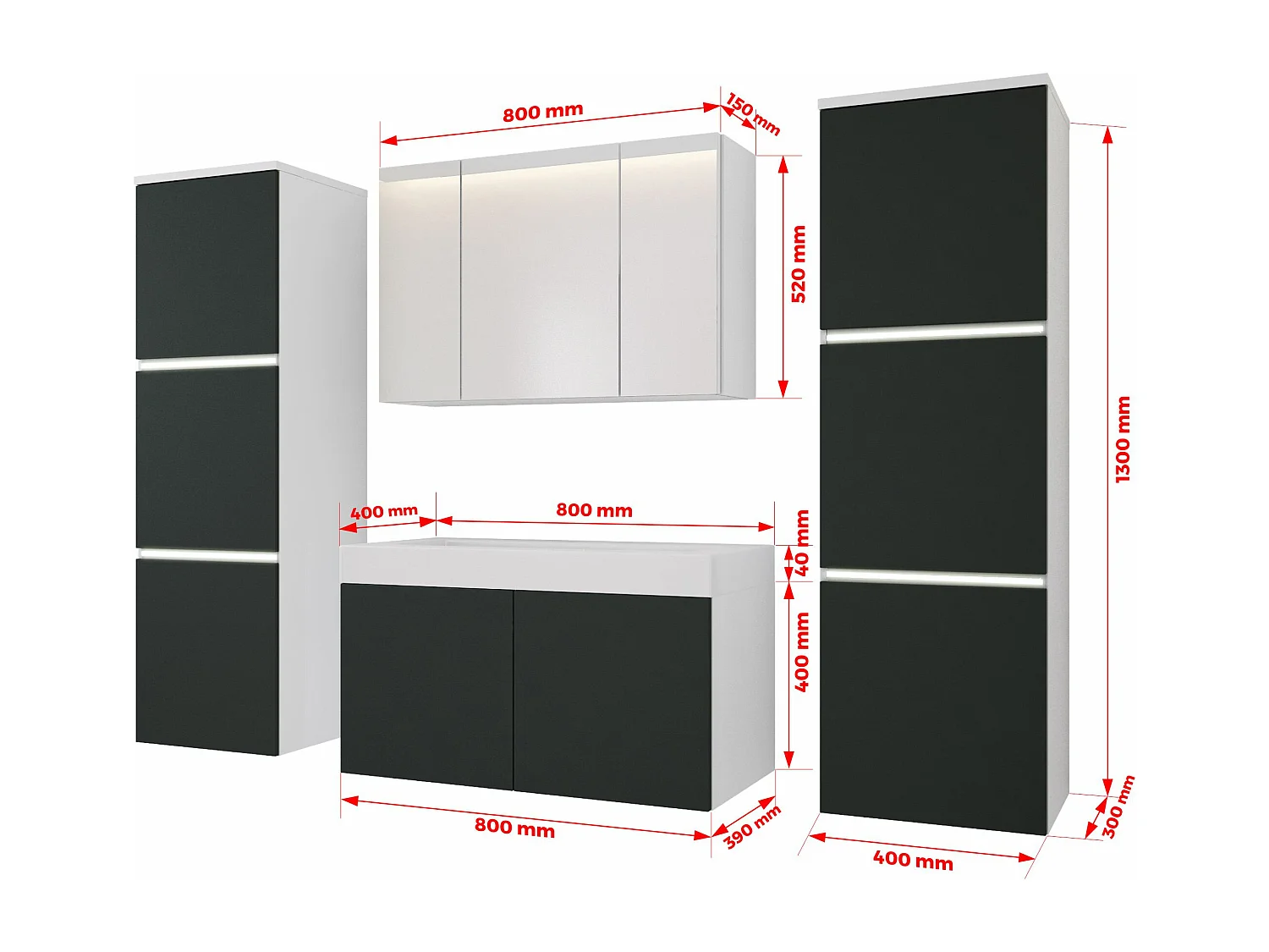 Ensemble meuble salle de bain, Blanc Mat, Antracite, 160 x 130 cm