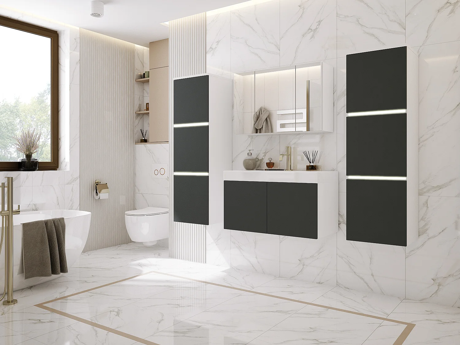 Ensemble meuble salle de bain, Blanc Mat, Antracite, 160 x 130 cm
