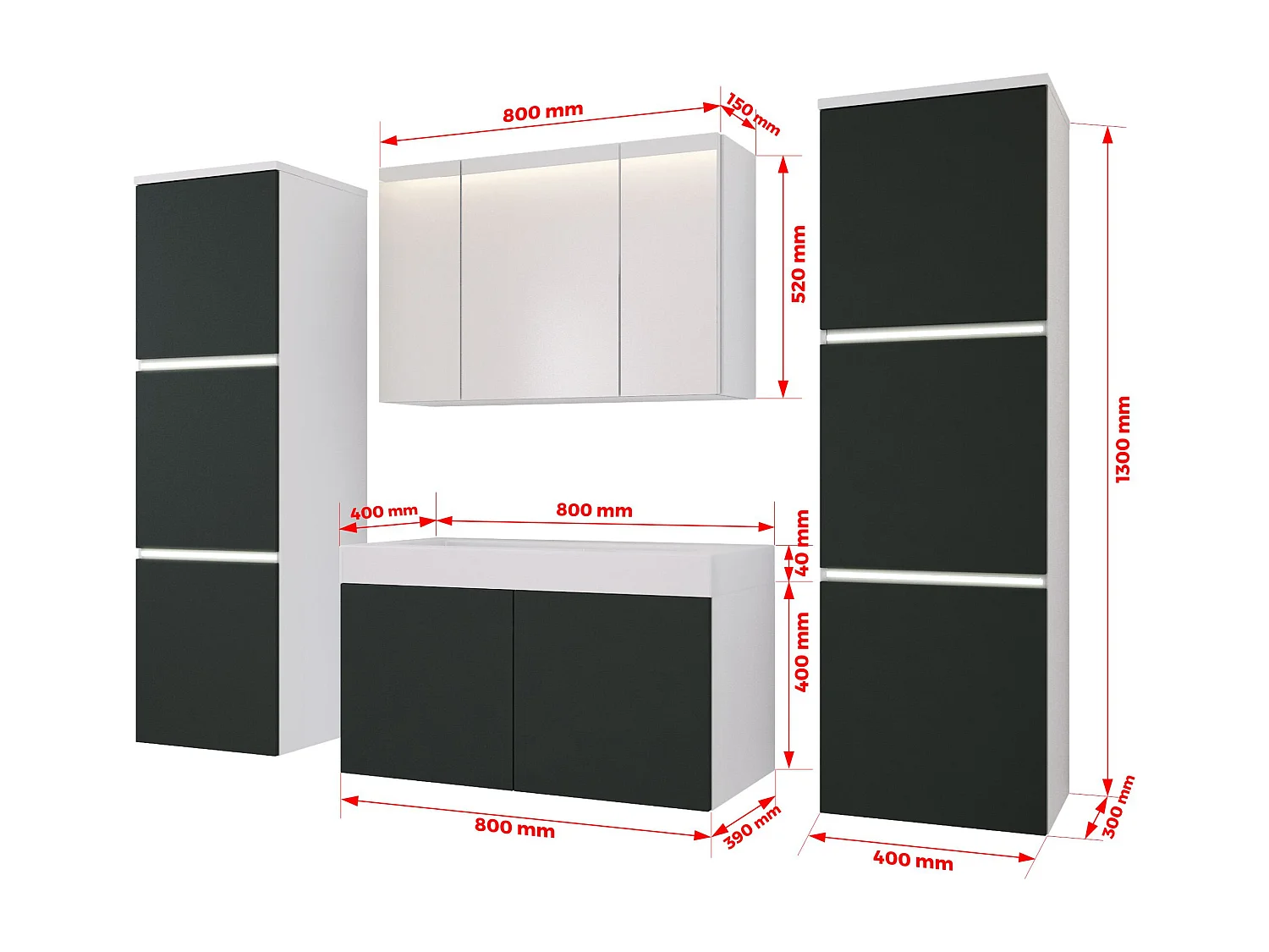 Ensemble meuble salle de bain, Blanc Mat, Antracite, 160 x 130 cm