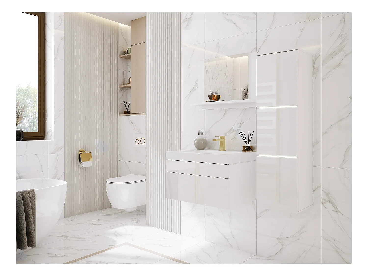 Conjunto de móveis de banheiro, Branco Mate, Branco Brilhante, 90 x 110 cm