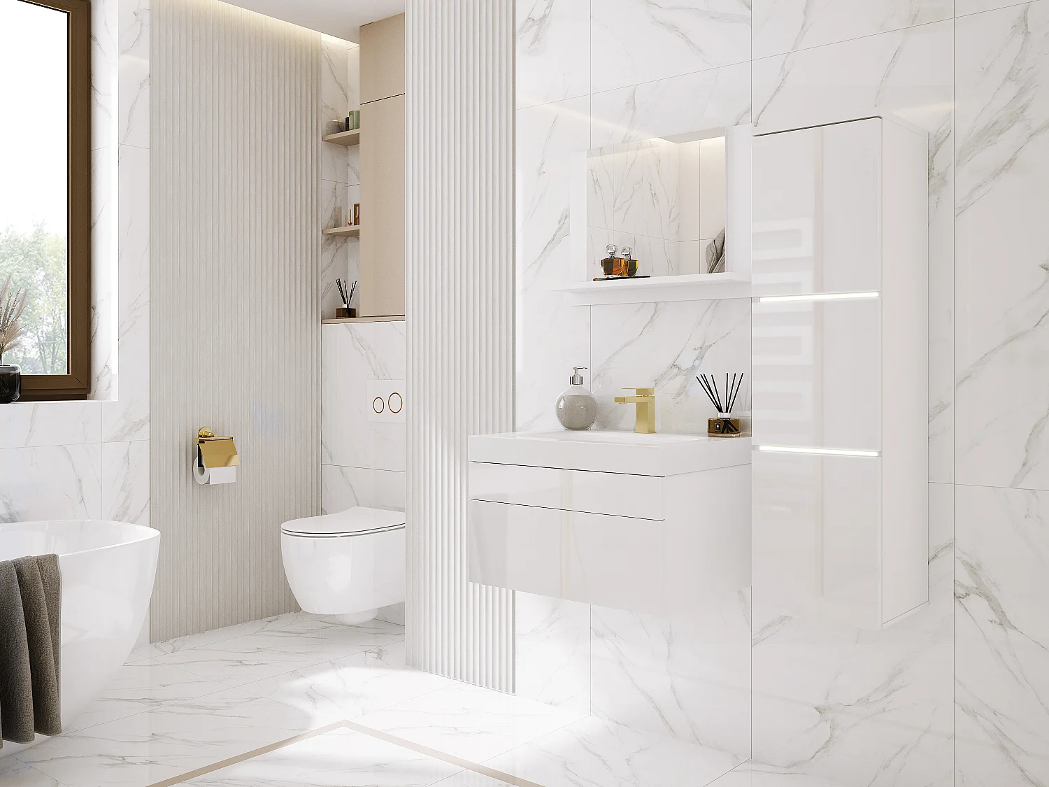 Ensemble meuble salle de bain, Blanc Mat, Blanc Brillant, 90 x 110 cm