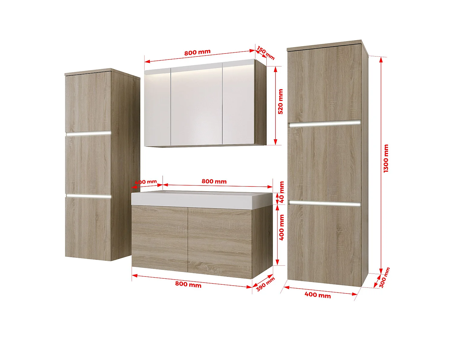 Ensemble meuble salle de bain, Sonoma Chêne, 160 x 130 cm