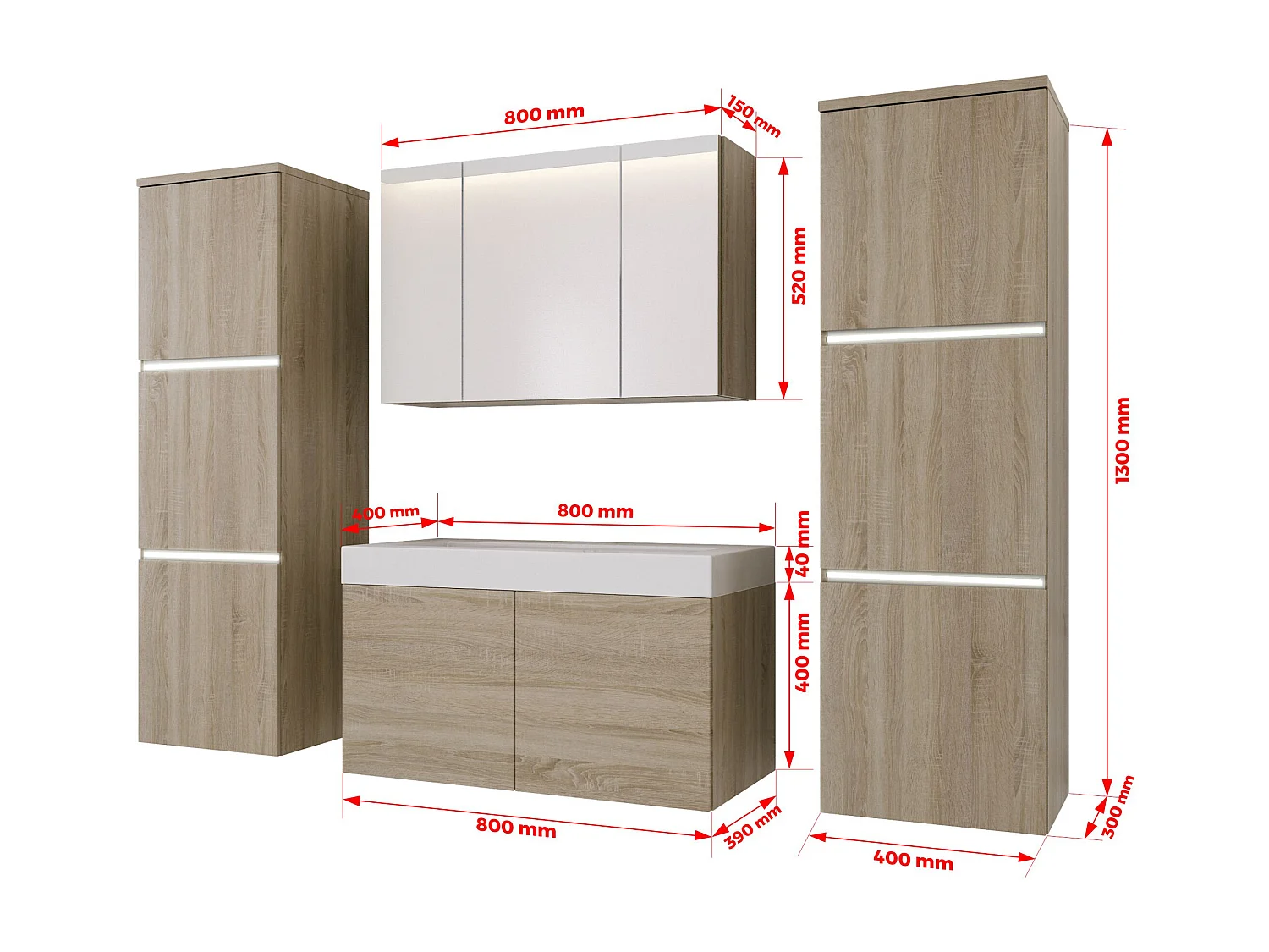Ensemble meuble salle de bain, Sonoma Chêne, 160 x 130 cm