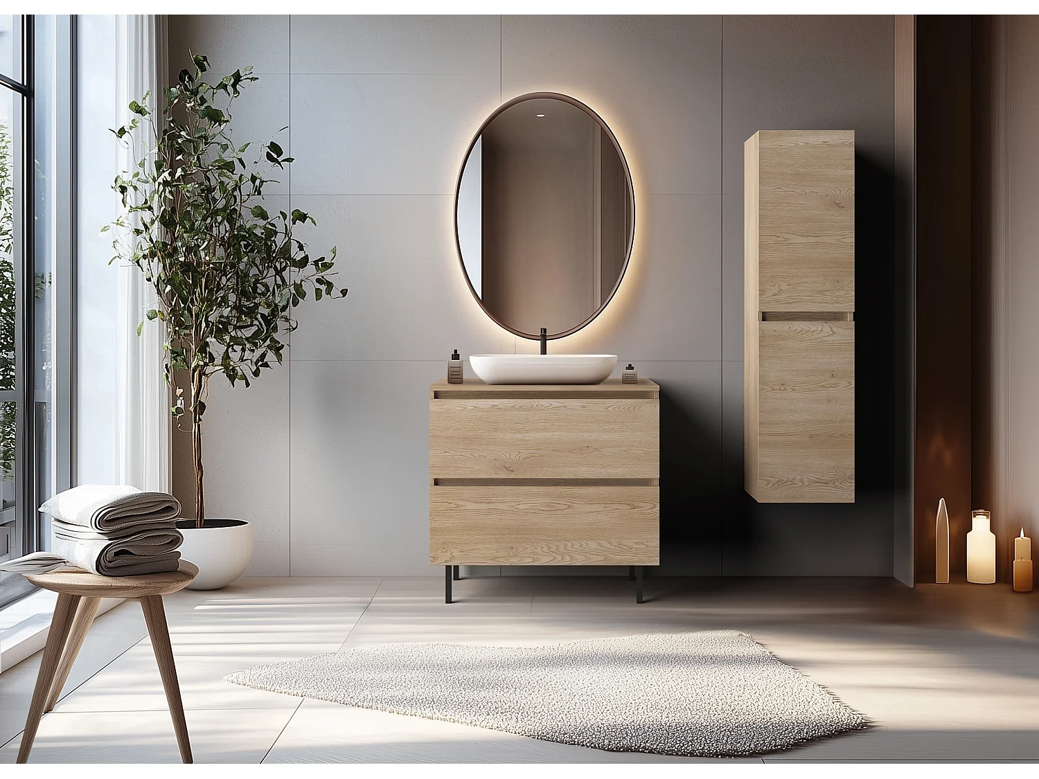 Meuble de salle de bain 80 cm avec plan de travail supérieur + pieds meuble, Couleur : Chêne Clair, 80 x 77 x 46 cm