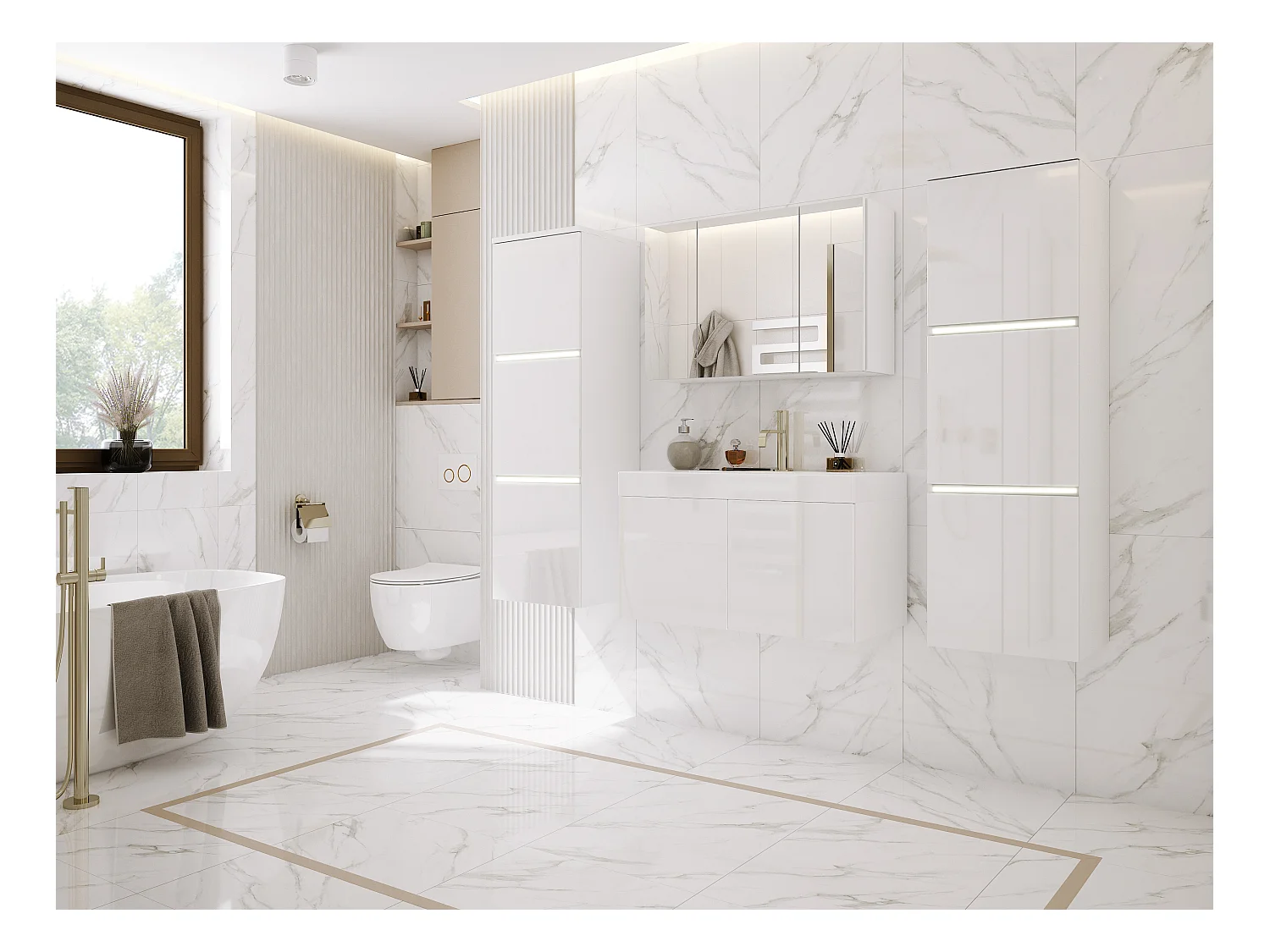 Ensemble meuble salle de bain, Blanc Mat, Blanc Brillant, 160 x 130 cm