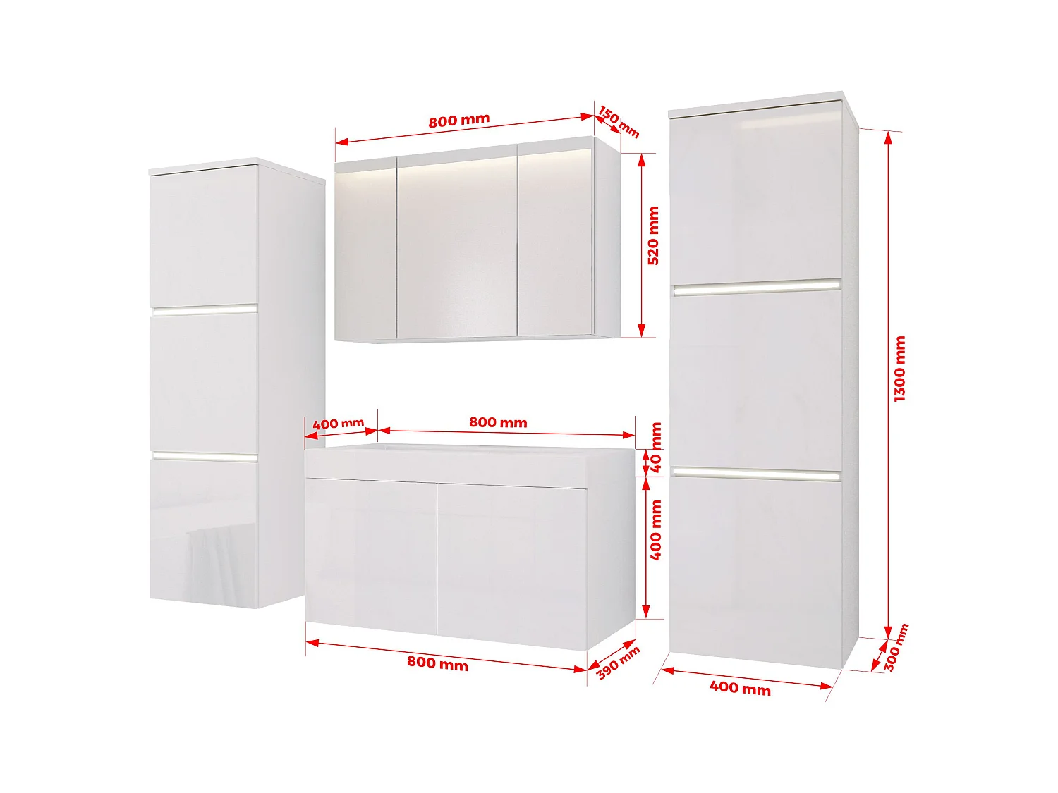 Ensemble meuble salle de bain, Blanc Mat, Blanc Brillant, 160 x 130 cm