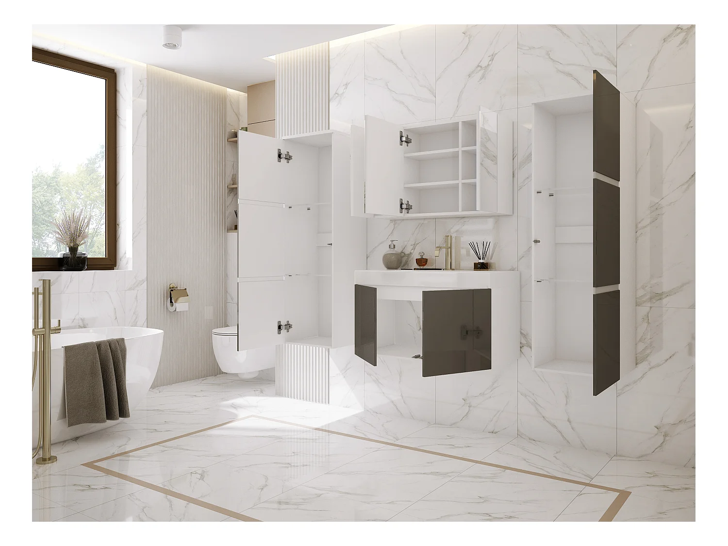 Ensemble meuble salle de bain, Blanc Mat, Blanc Brillant, 160 x 130 cm