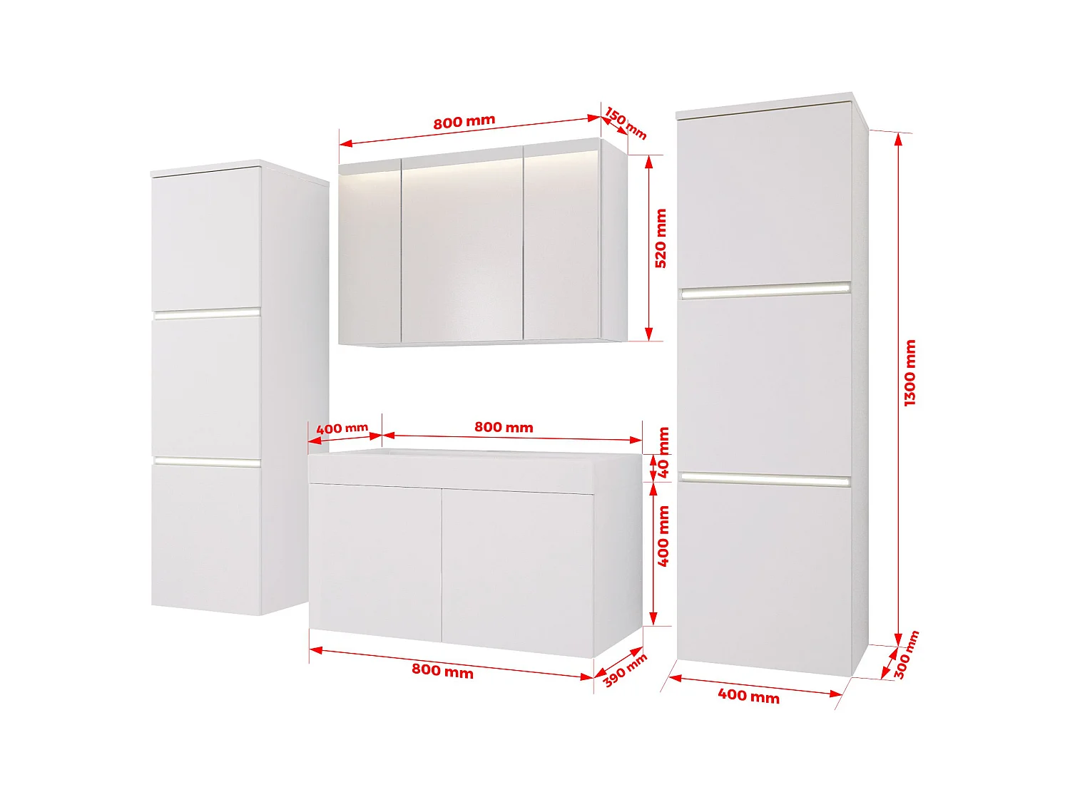 Ensemble meuble salle de bain, Blanc Mat, Blanc Brillant, 160 x 130 cm