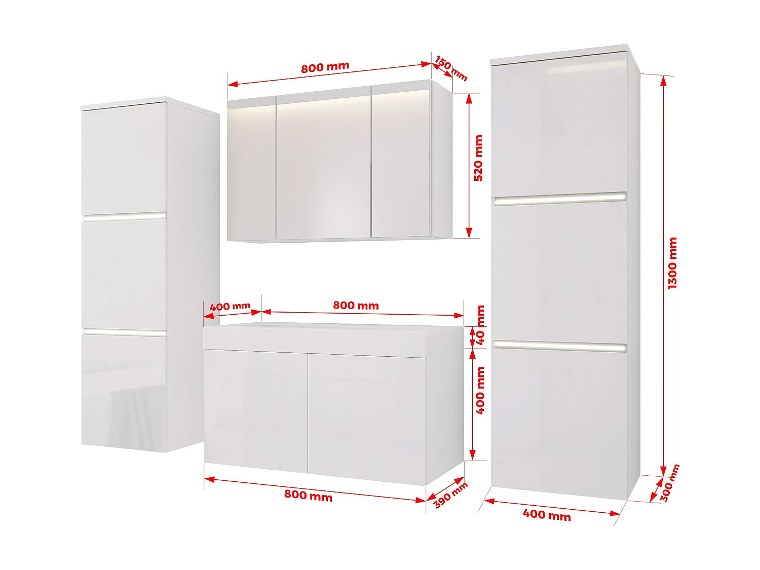 Ensemble meuble salle de bain, Blanc Mat, Blanc Brillant, 160 x 130 cm