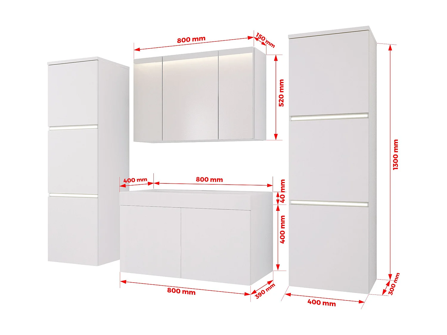 Ensemble meuble salle de bain, Blanc Mat, Blanc Brillant, 160 x 130 cm